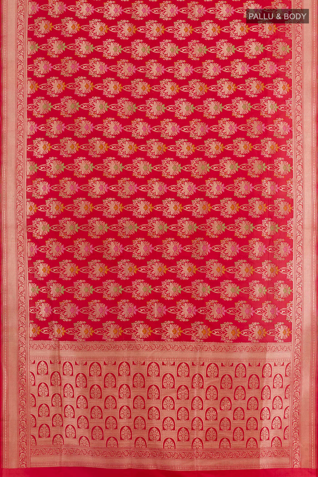 Flat view of Red Banarasi Silk Saree with Zari Brocade on the body and Zari Border. 