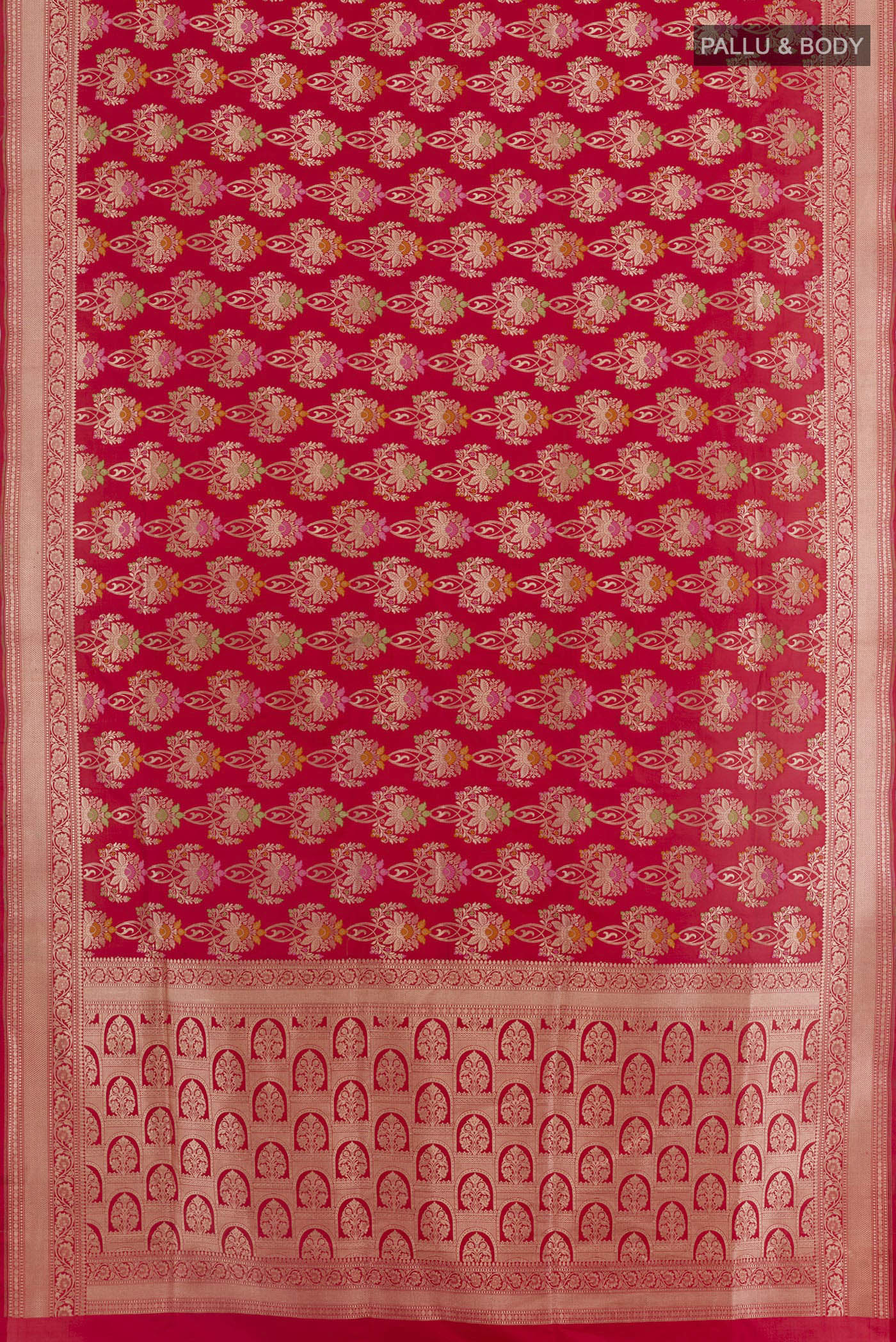 Flat view of Red Banarasi Silk Saree with Zari Brocade on the body and Zari Border. 
