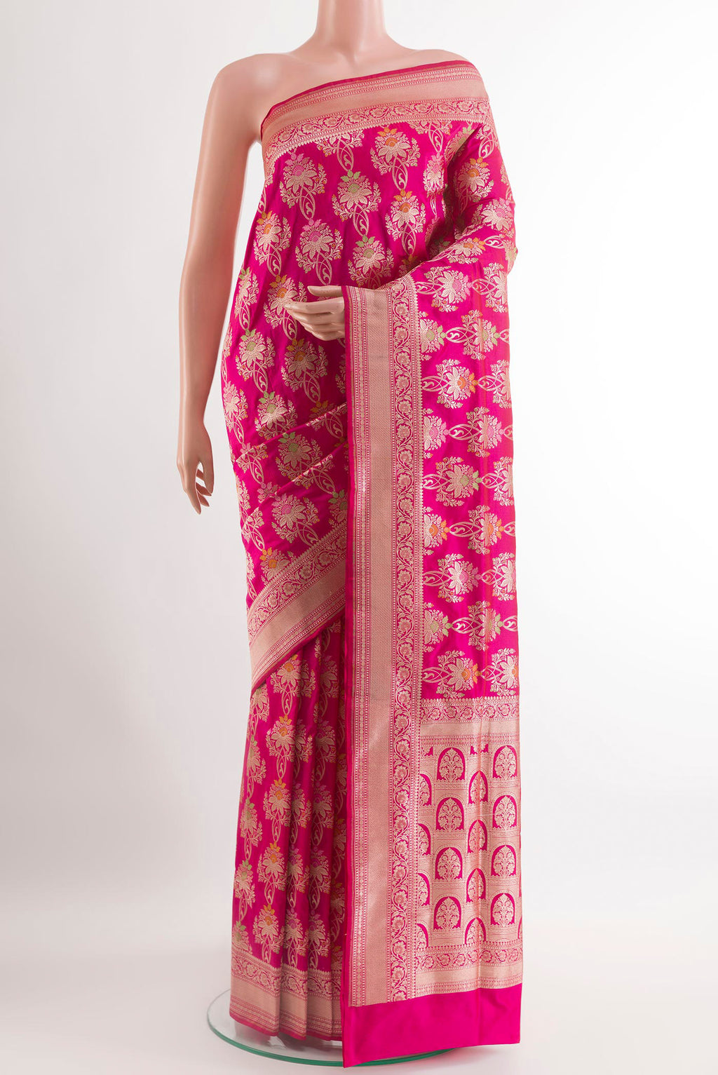 Pink Banarasi Silk Saree with Zari Brocade on the body and Zari Border.  displayed on a mannequin