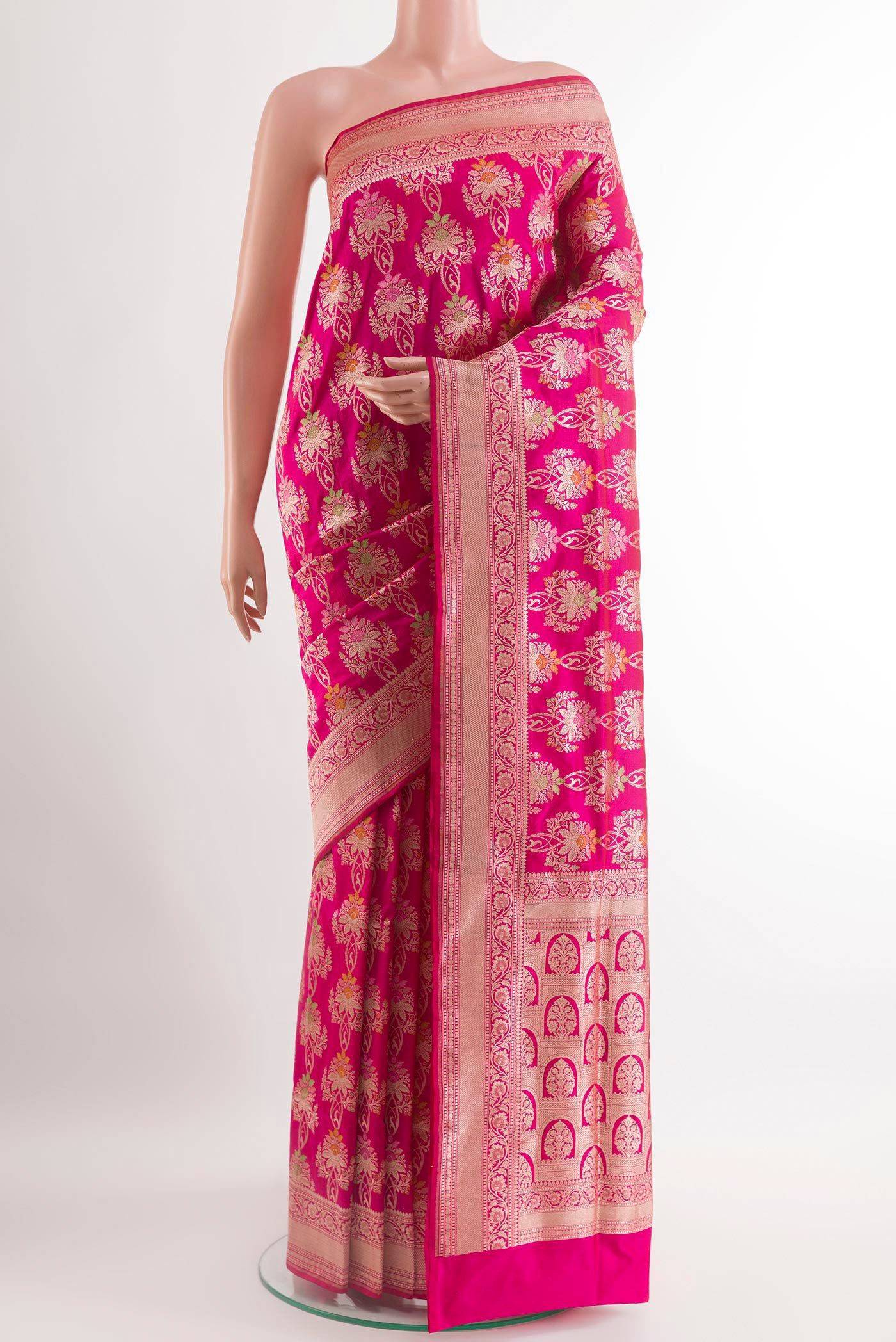 Pink Banarasi Silk Saree with Zari Brocade on the body and Zari Border.  displayed on a mannequin