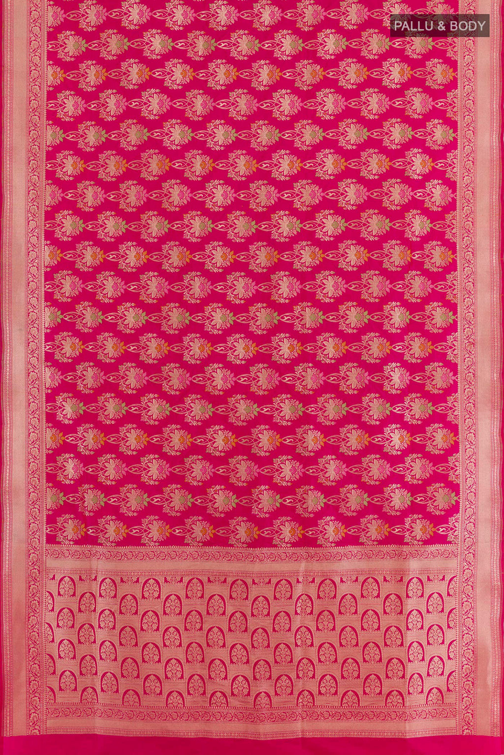 Flat view of Pink Banarasi Silk Saree with Zari Brocade on the body and Zari Border. 