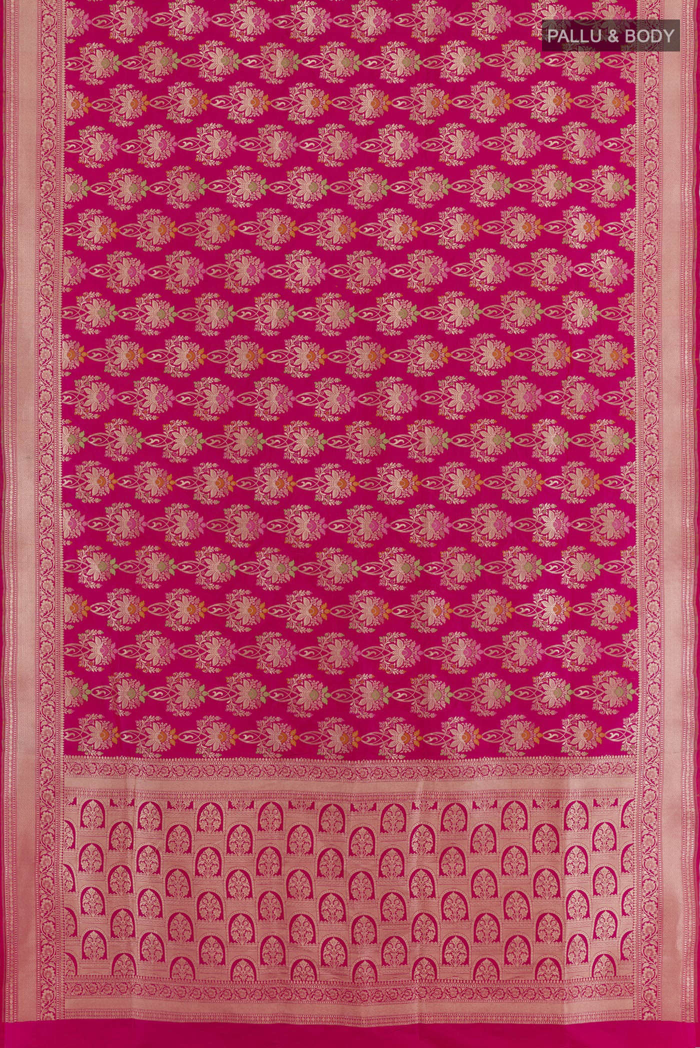 Flat view of Pink Banarasi Silk Saree with Zari Brocade on the body and Zari Border. 
