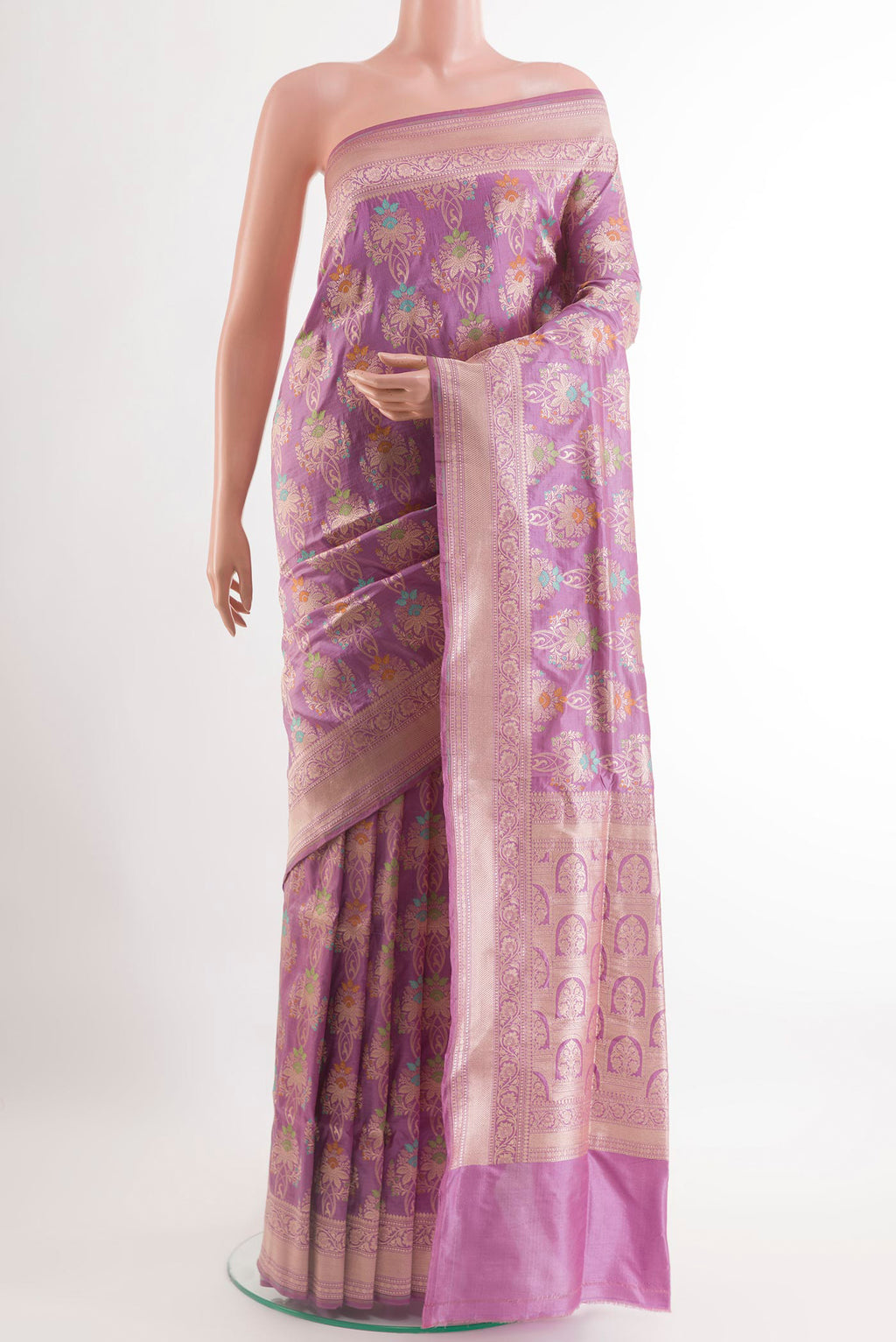 Lavender Banarasi Silk Saree with Zari Brocade on the body and Zari Border.  displayed on a mannequin