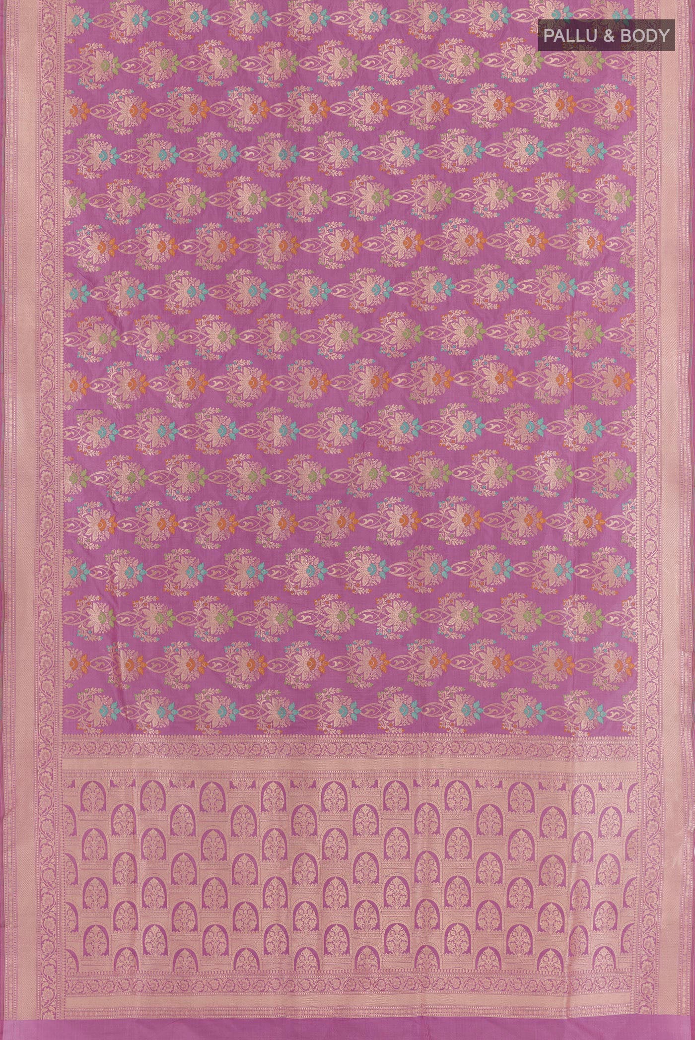 Flat view of Lavender Banarasi Silk Saree with Zari Brocade on the body and Zari Border. 