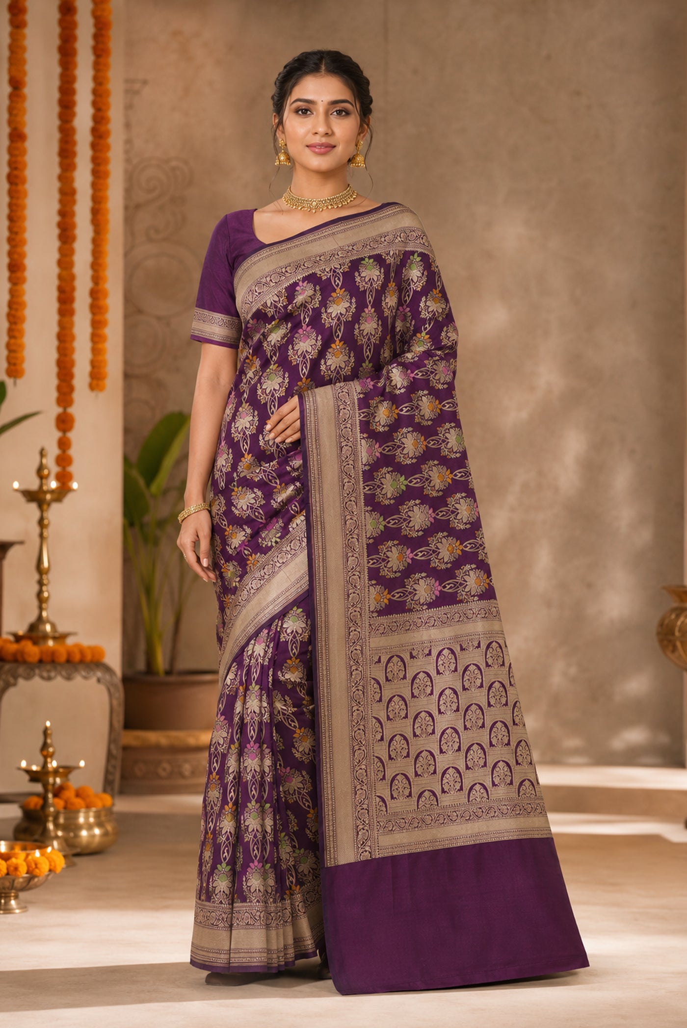 Model wearing a Violet Banarasi Silk Saree with Zari Brocade on the body and Zari Border.