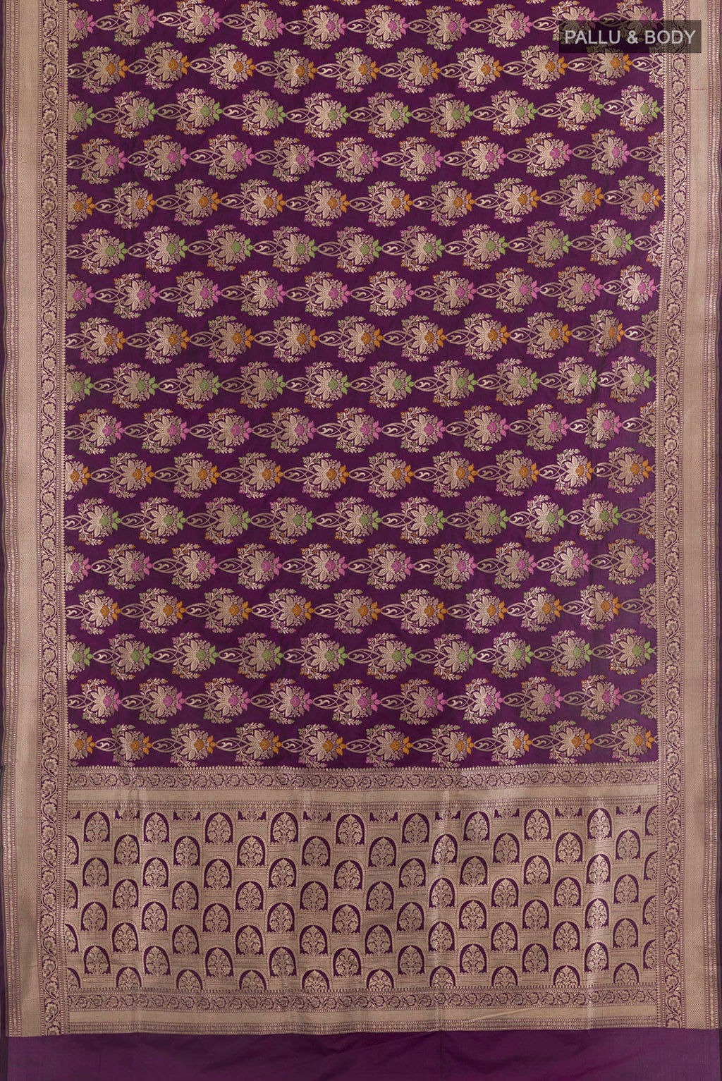 Flat view of Purple Banarasi Silk Saree with Zari Brocade on the body and Zari Border. 