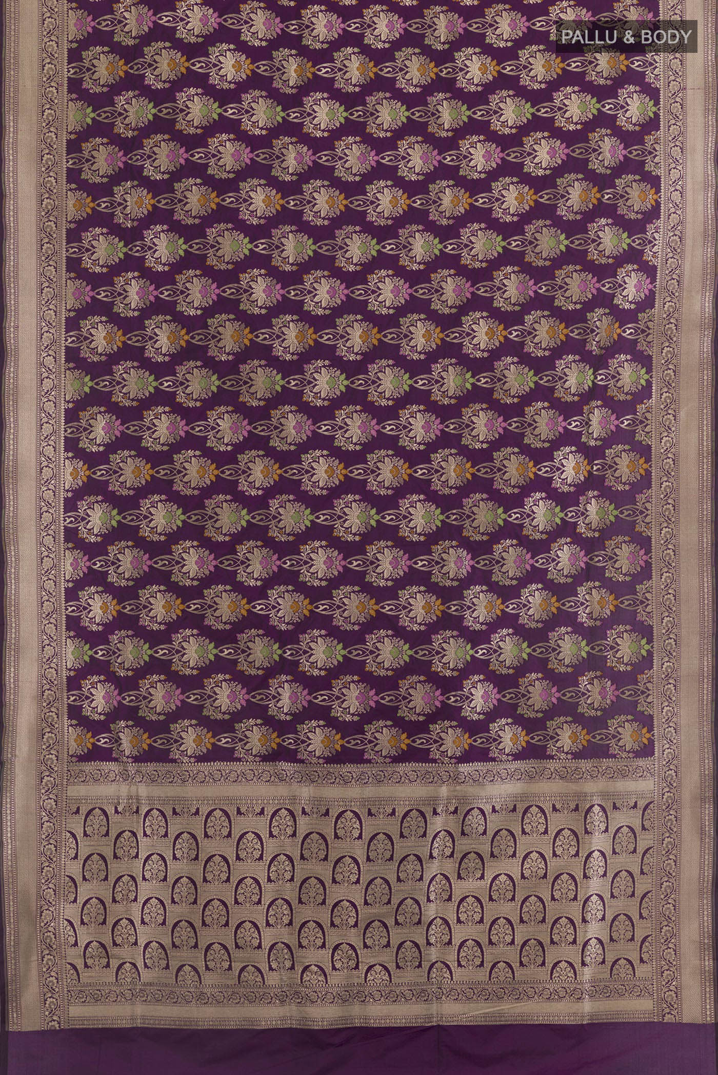 Flat view of Purple Banarasi Silk Saree with Zari Brocade on the body and Zari Border. 