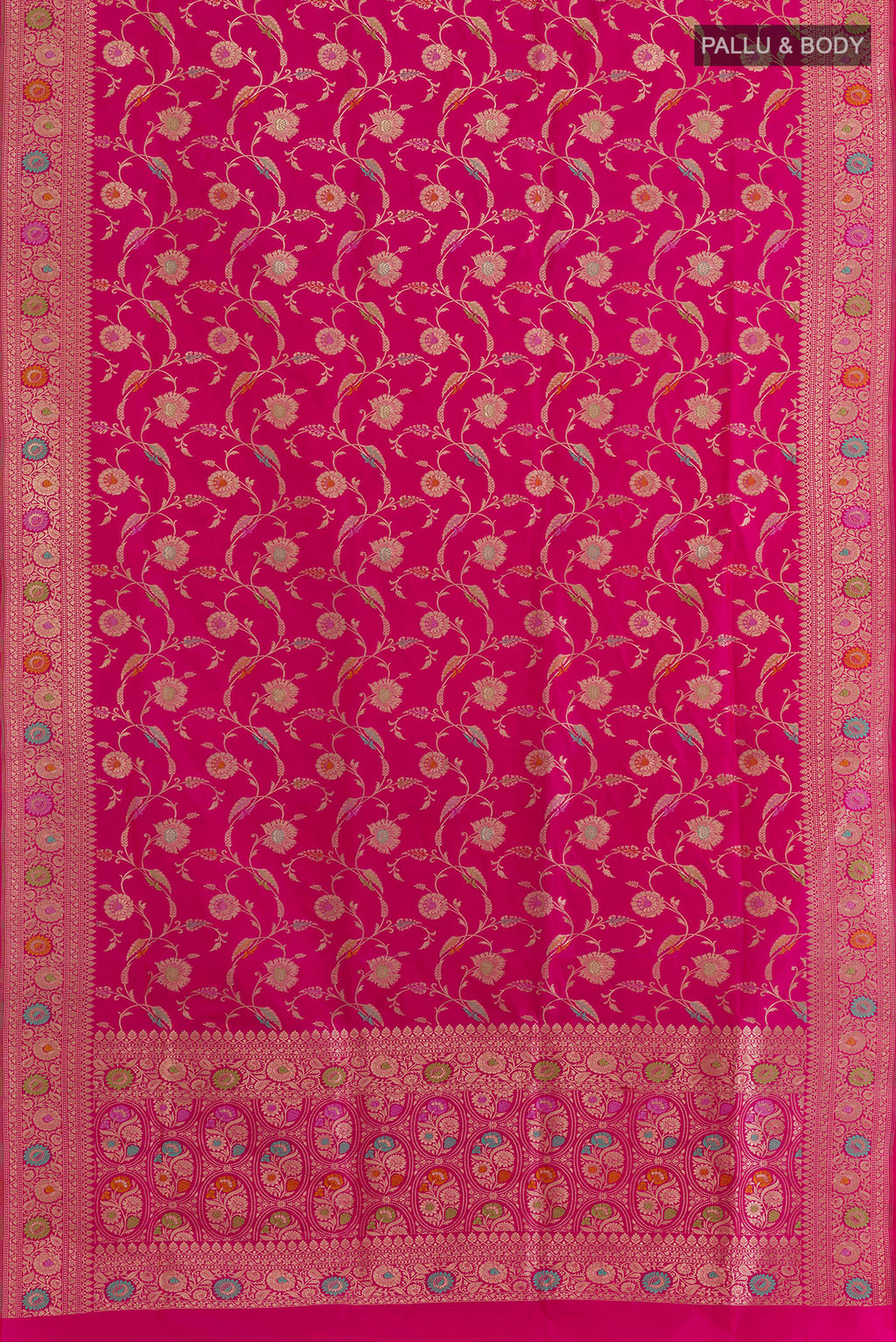 Flat view of Pure Silk Pink Banarasi Saree with Zari Brocade on the body and Zari Border. 