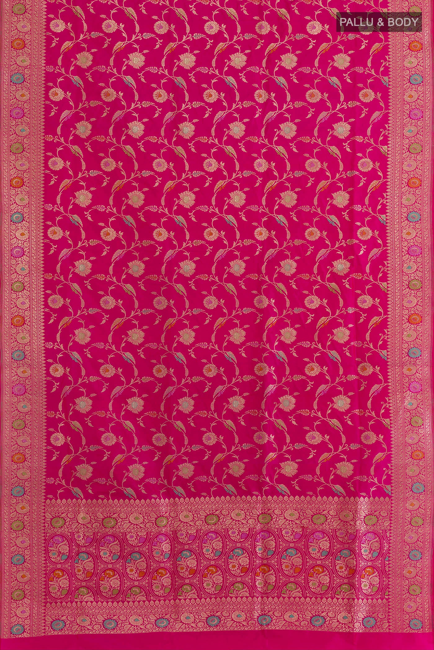 Flat view of Pure Silk Pink Banarasi Saree with Zari Brocade on the body and Zari Border. 