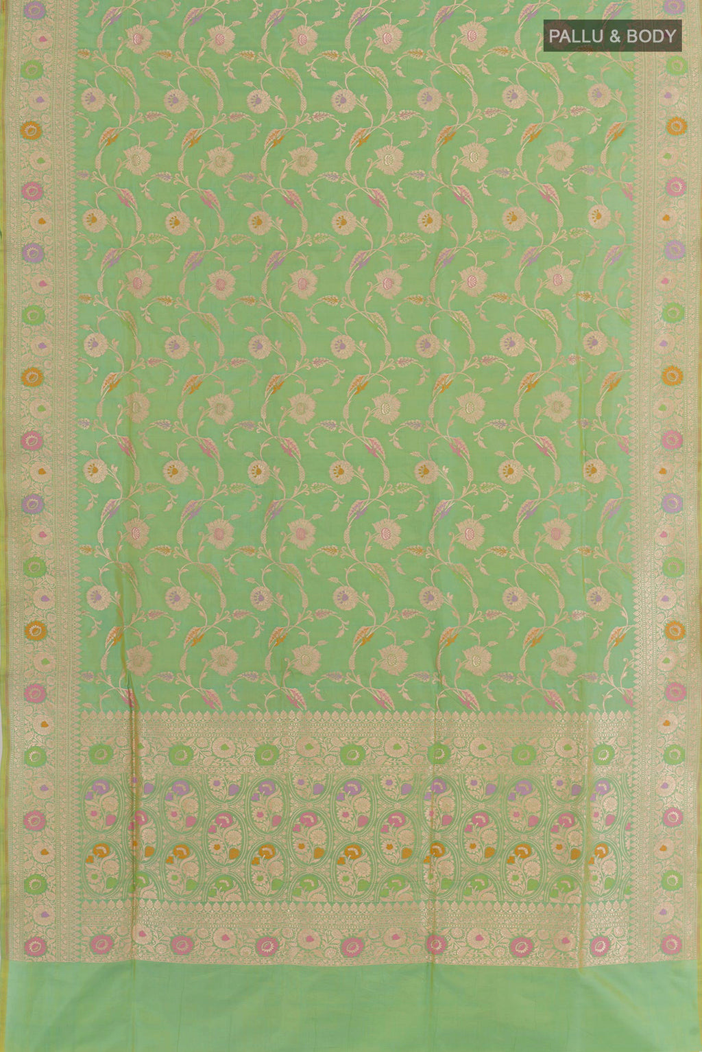 Flat view of Green Banarasi Silk Saree with Zari Brocade on the body and Zari Border. 