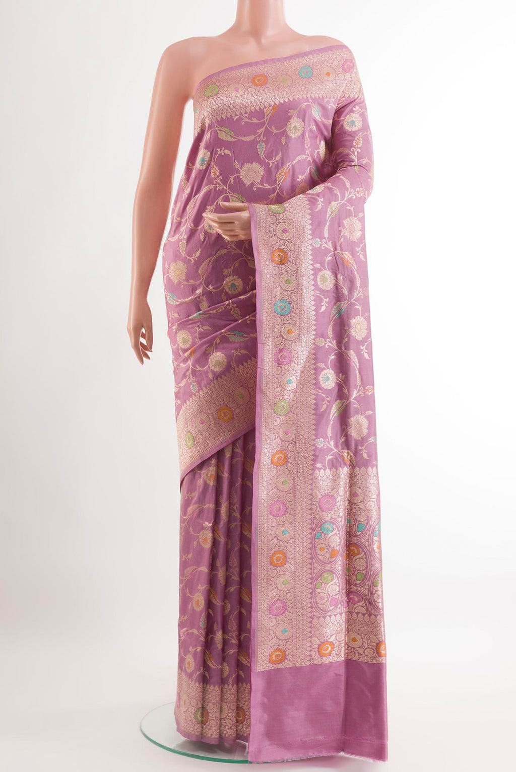 Pink Banarasi Silk Saree with Zari Brocade on the body and Zari Border.  displayed on a mannequin