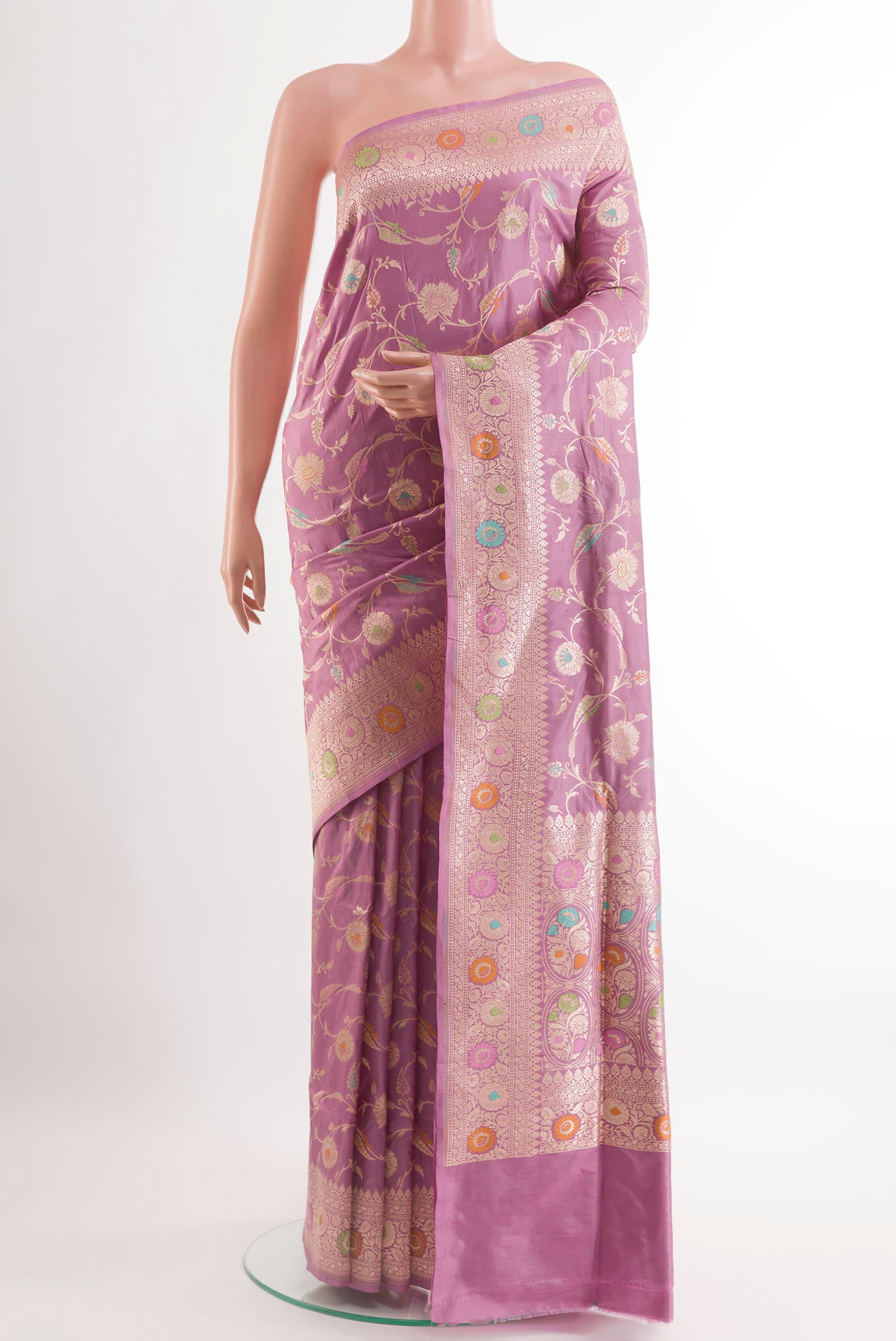 Pink Banarasi Silk Saree with Zari Brocade on the body and Zari Border.  displayed on a mannequin