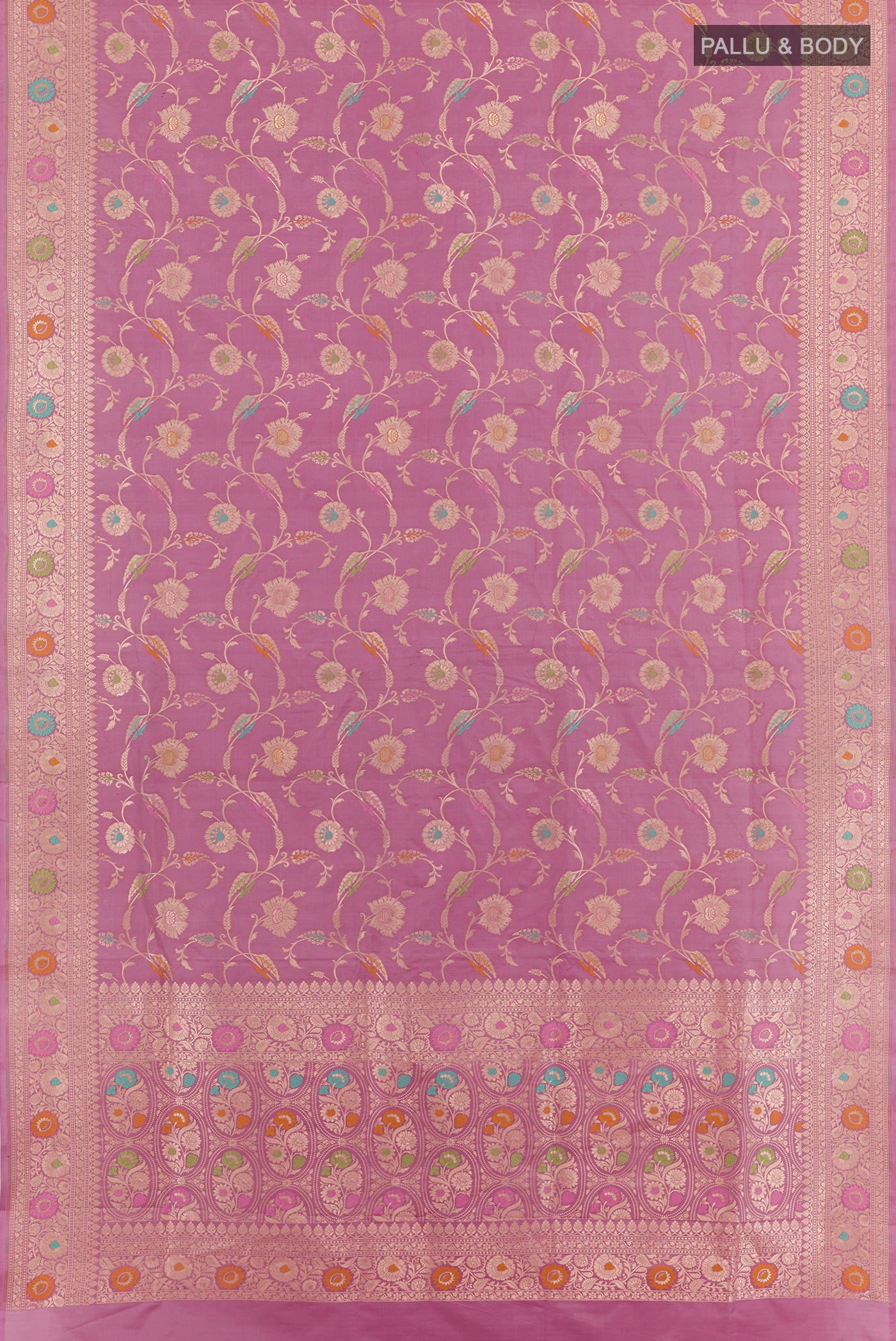 Flat view of Pink Banarasi Silk Saree with Zari Brocade on the body and Zari Border. 