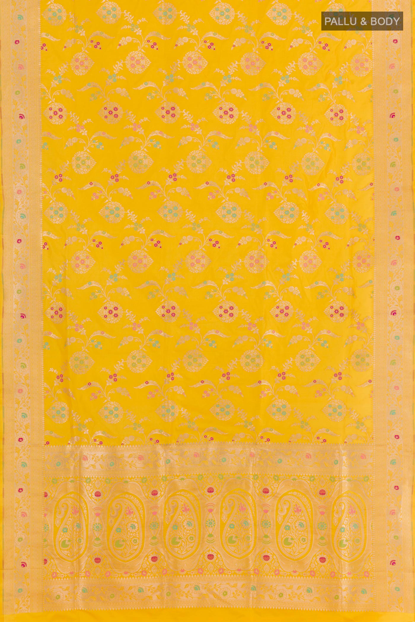 Flat view of Yellow Banarasi Silk Saree with Zari Brocade on the body and Zari Border. 