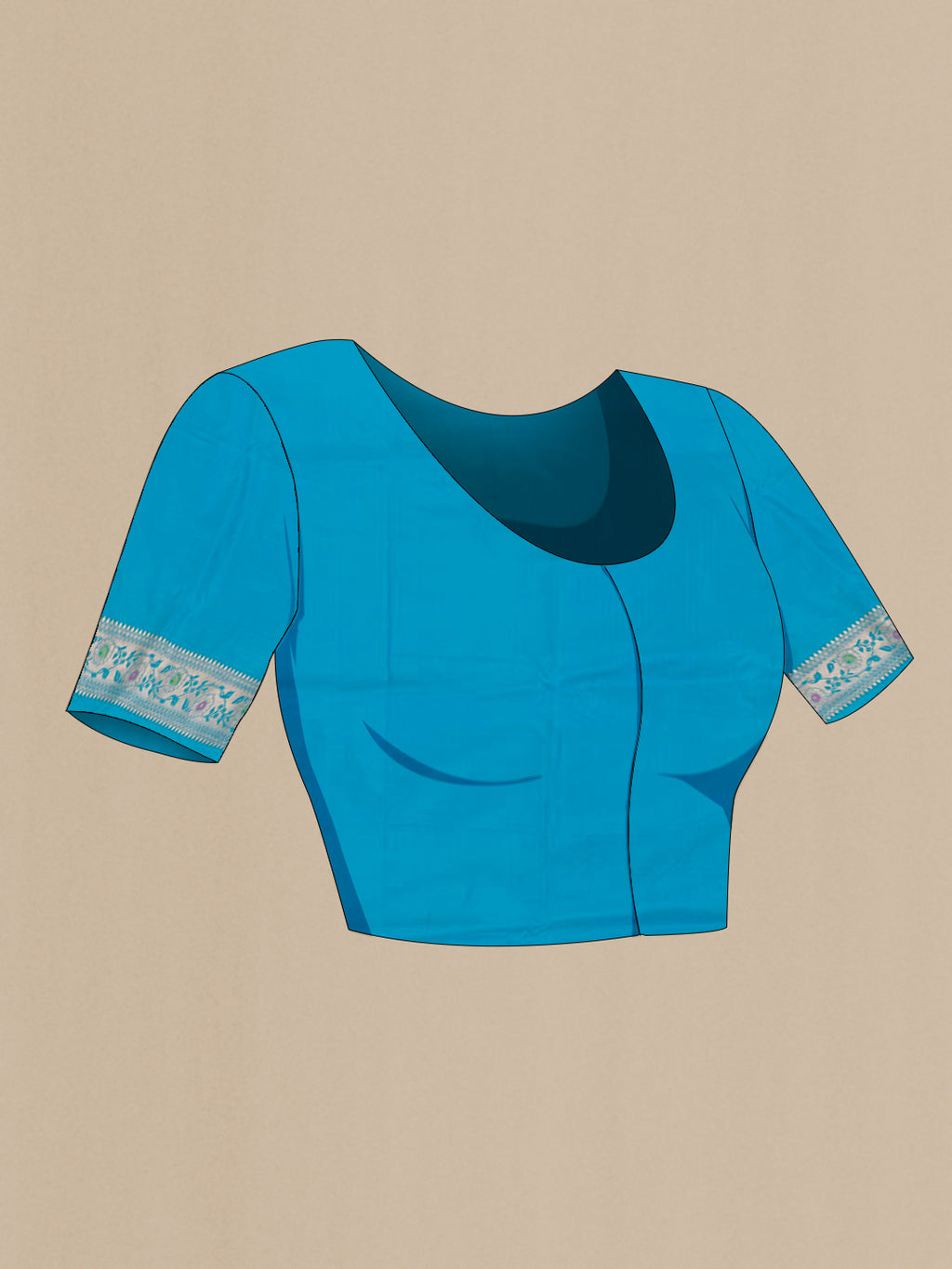 Close up image of the blouse of Blue Banarasi Silk Saree with Zari Brocade on the body and Zari Border. 