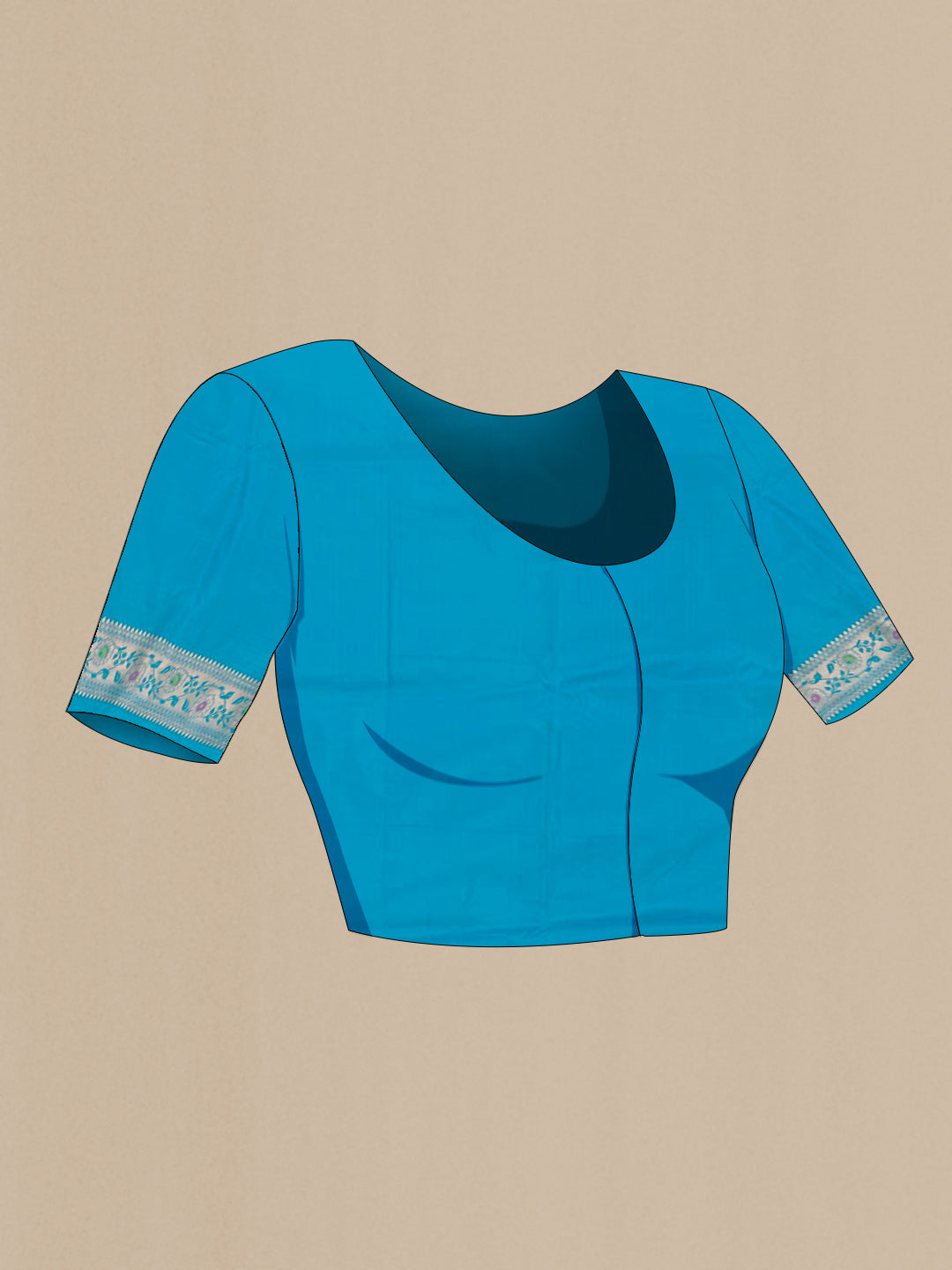 Close up image of the blouse of Blue Banarasi Silk Saree with Zari Brocade on the body and Zari Border. 