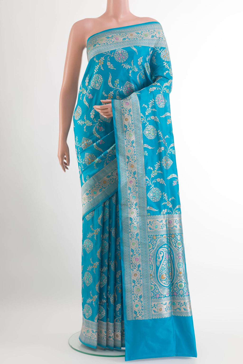 Blue Banarasi Silk Saree with Zari Brocade on the body and Zari Border.  displayed on a mannequin