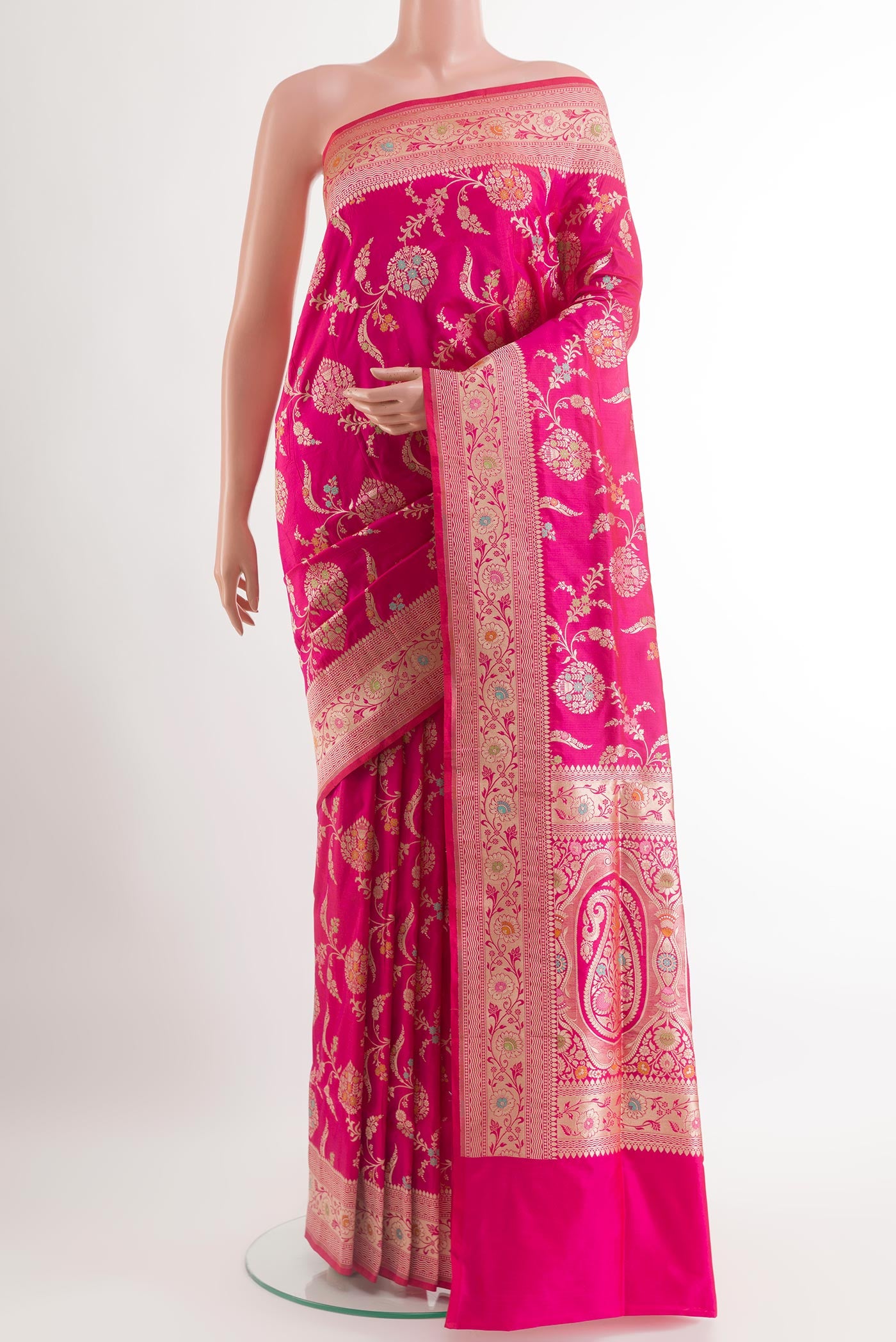 Pink Banarasi Silk Saree with Zari Brocade on the body and Zari Border.  displayed on a mannequin