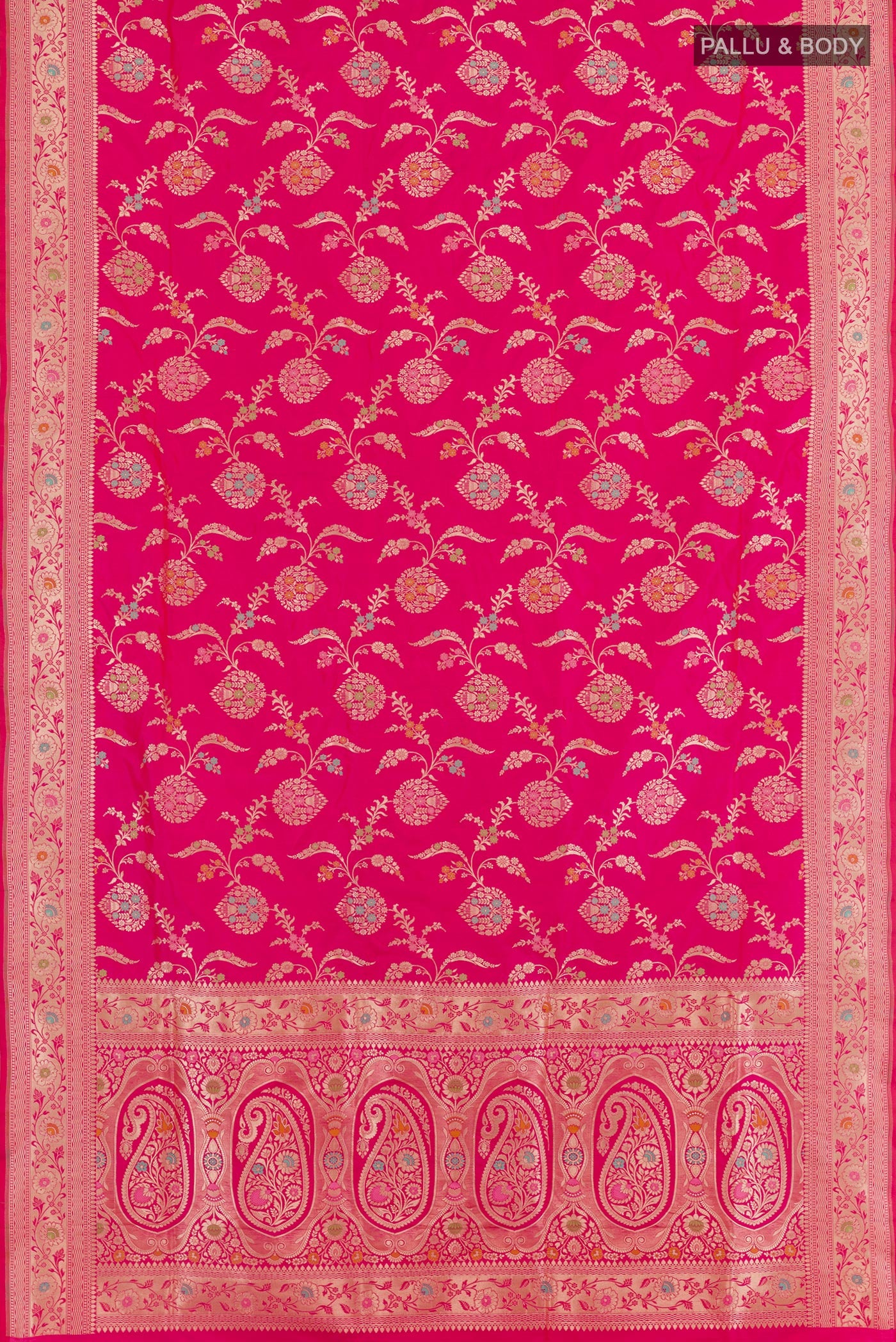 Flat view of Pink Banarasi Silk Saree with Zari Brocade on the body and Zari Border. 