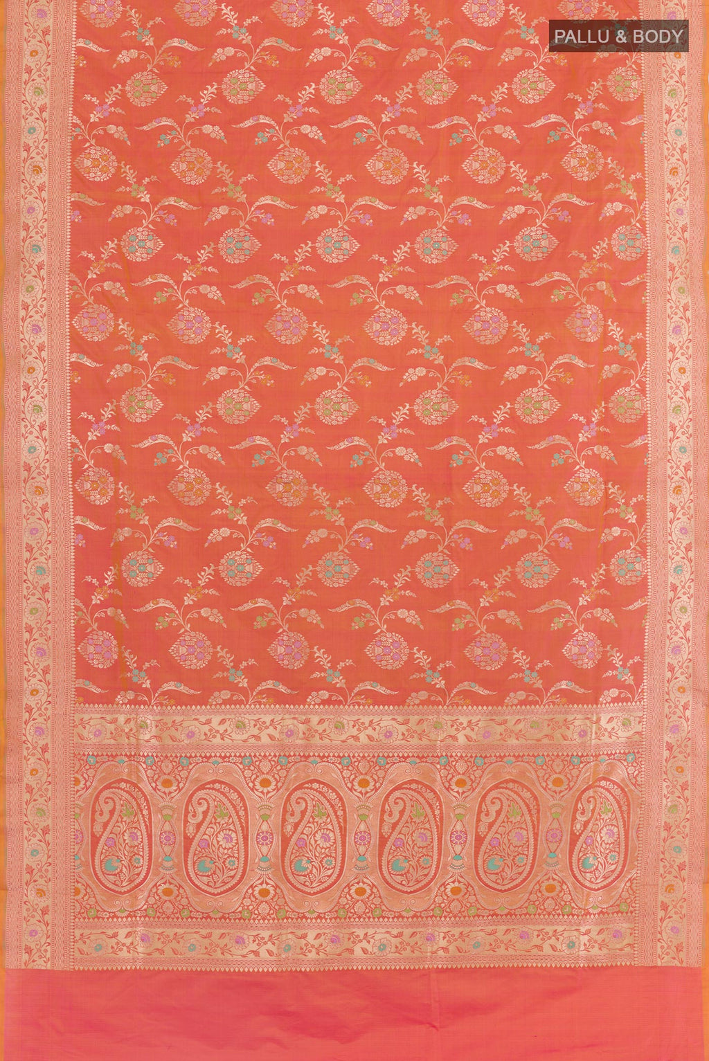 Flat view of Peach Banarasi Silk Saree with Zari Brocade on the body and Zari Border. 