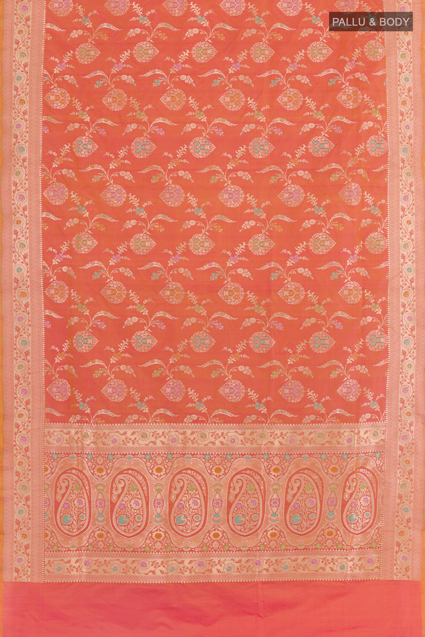 Flat view of Peach Banarasi Silk Saree with Zari Brocade on the body and Zari Border. 