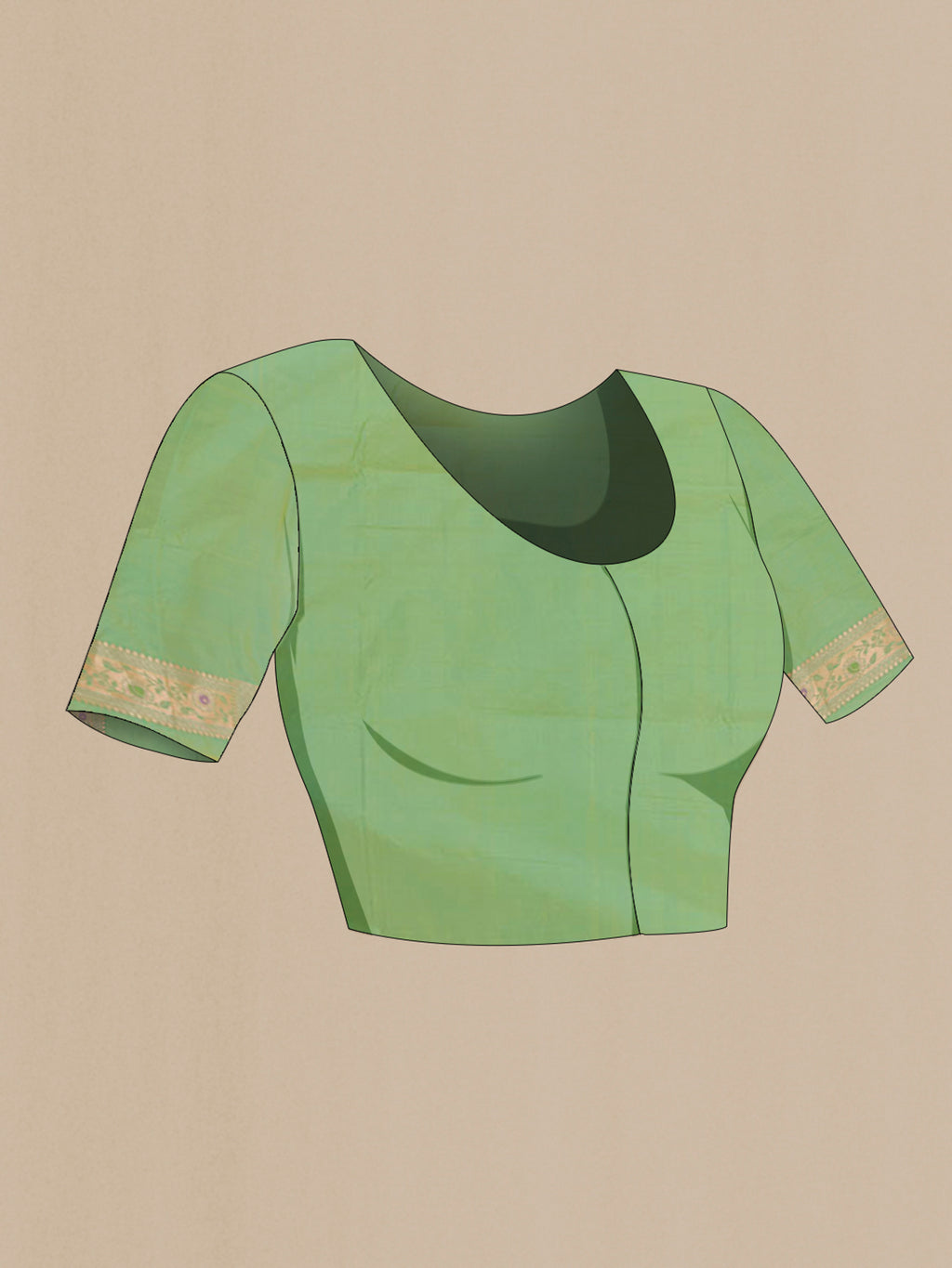 Close up image of the blouse of Light Green Banarasi Silk Saree with Zari Brocade on the body and Zari Border. 