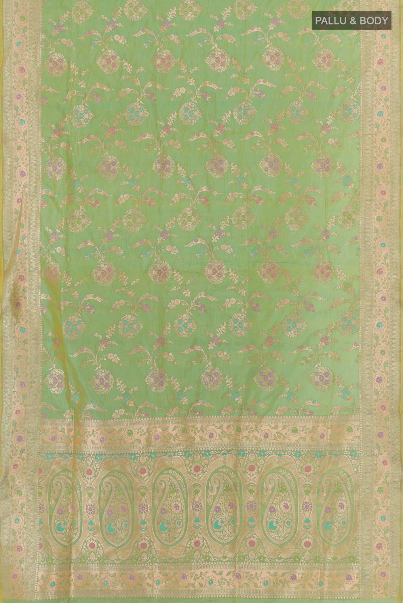 Flat view of Light Green Banarasi Silk Saree with Zari Brocade on the body and Zari Border. 