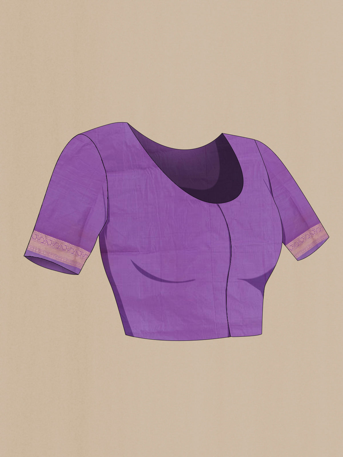 Close up image of the blouse of Lavender Banarasi Silk Saree with Zari Brocade on the body and Zari Border. 