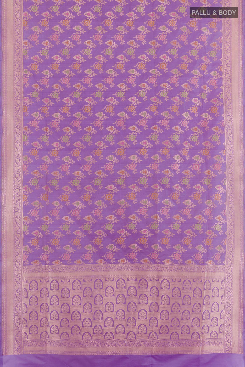 Flat view of Lavender Banarasi Silk Saree with Zari Brocade on the body and Zari Border. 