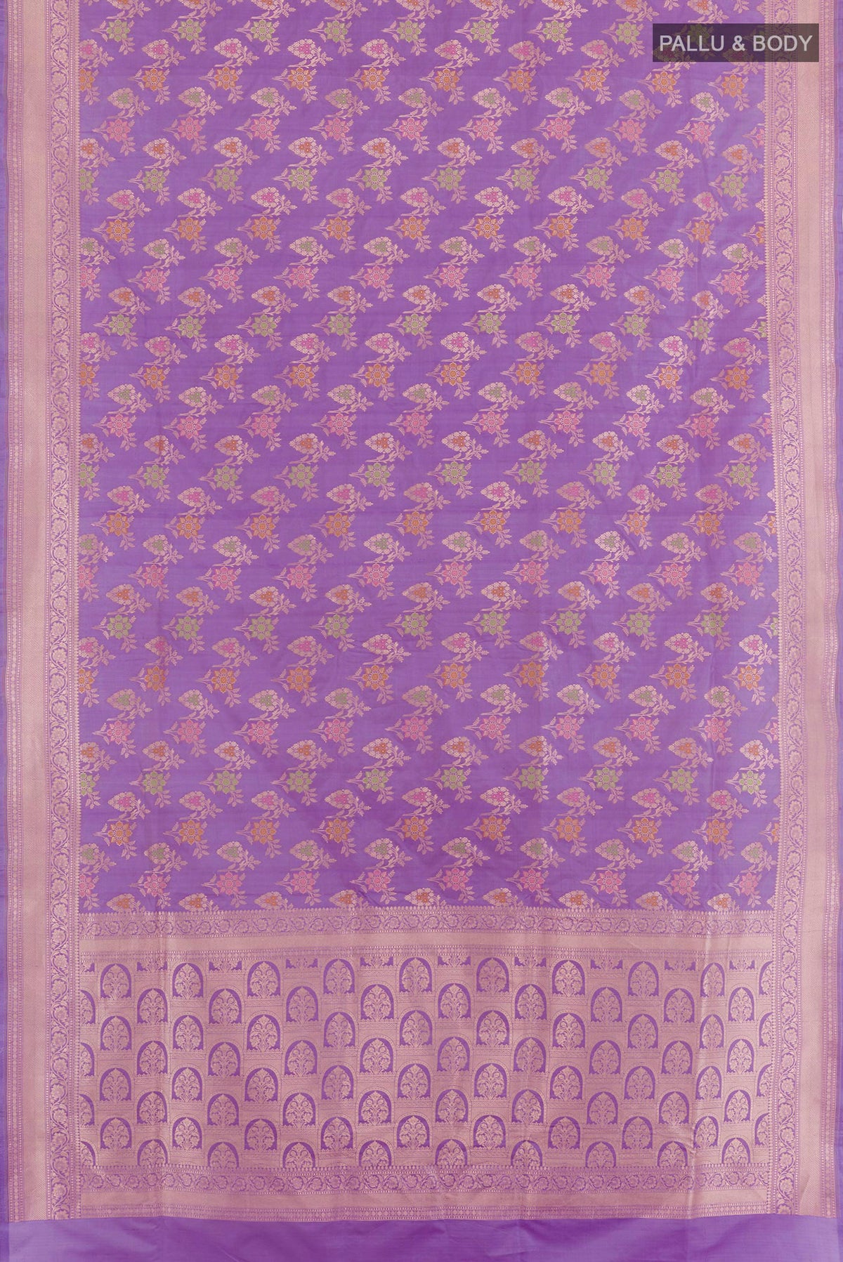 Flat view of Lavender Banarasi Silk Saree with Zari Brocade on the body and Zari Border. 
