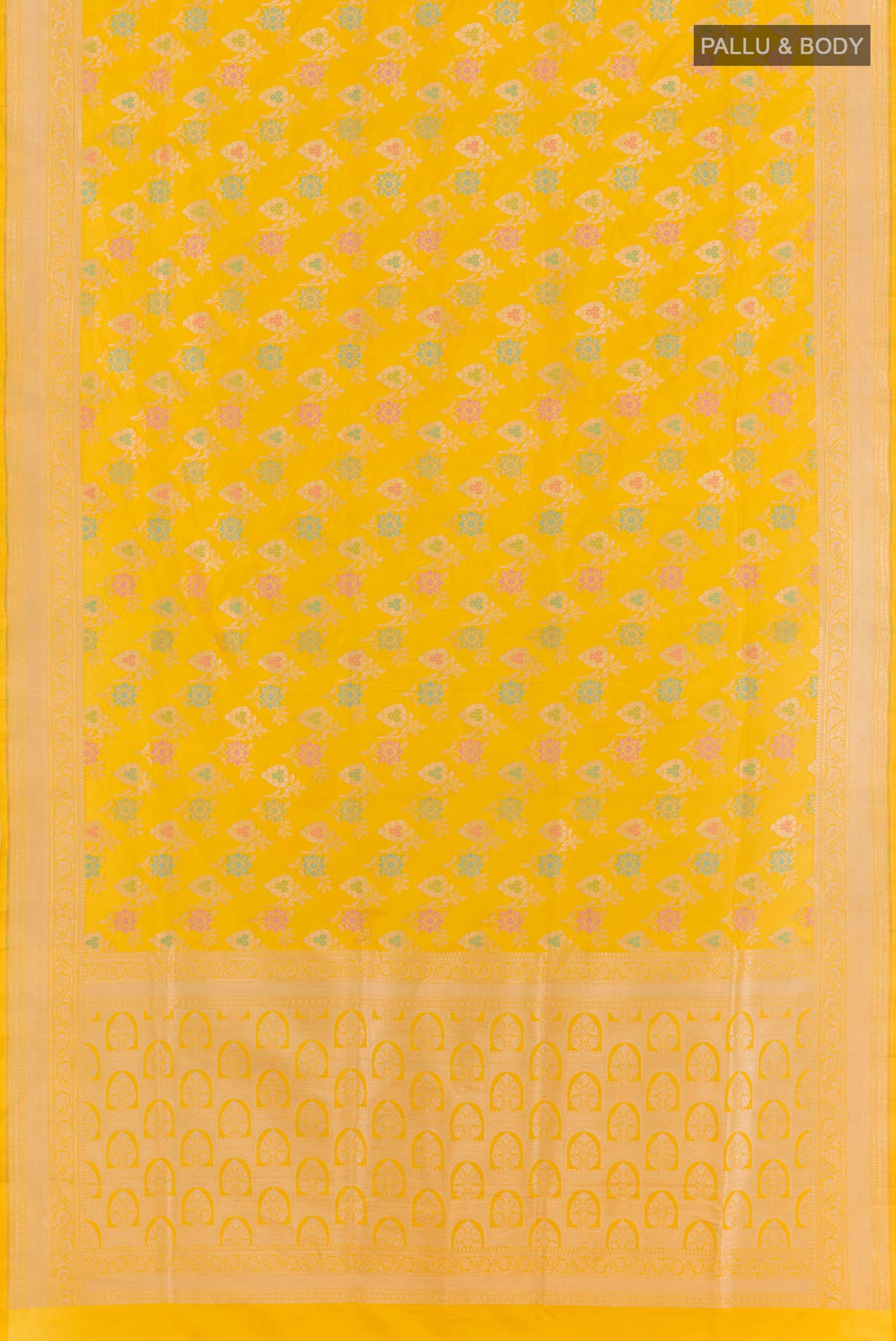 Flat view of Yellow Banarasi Silk Saree with Zari Brocade on the body and Zari Border. 