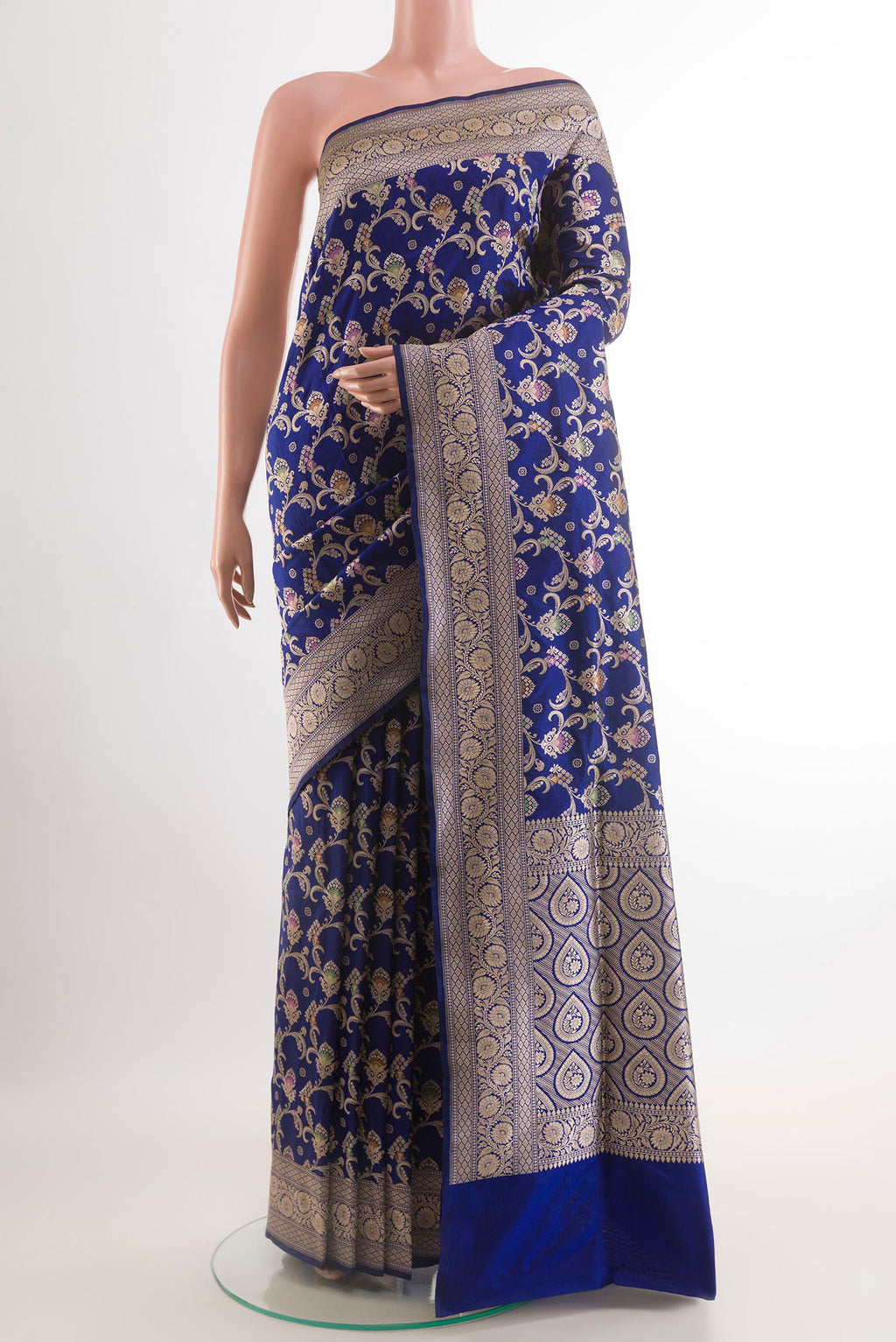 Blue Banarasi Silk Saree with Zari Brocade on the body and Zari Border.  displayed on a mannequin