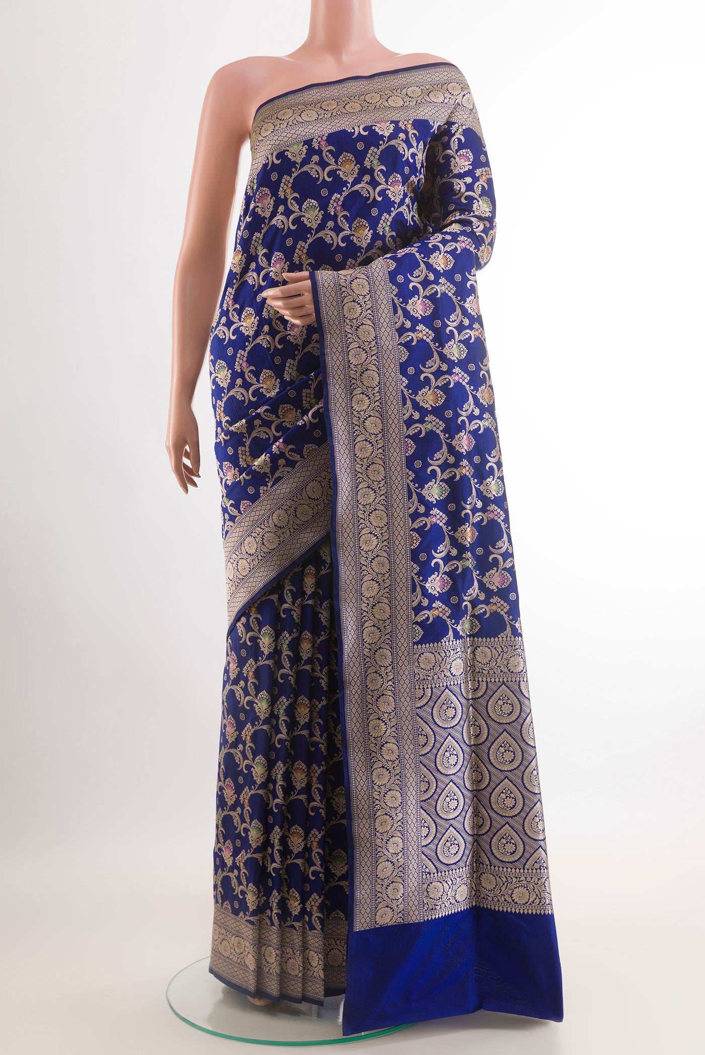 Blue Banarasi Silk Saree with Zari Brocade on the body and Zari Border.  displayed on a mannequin