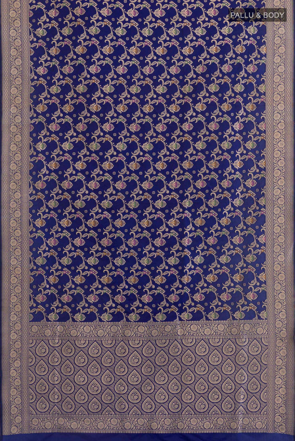 Flat view of Blue Banarasi Silk Saree with Zari Brocade on the body and Zari Border. 