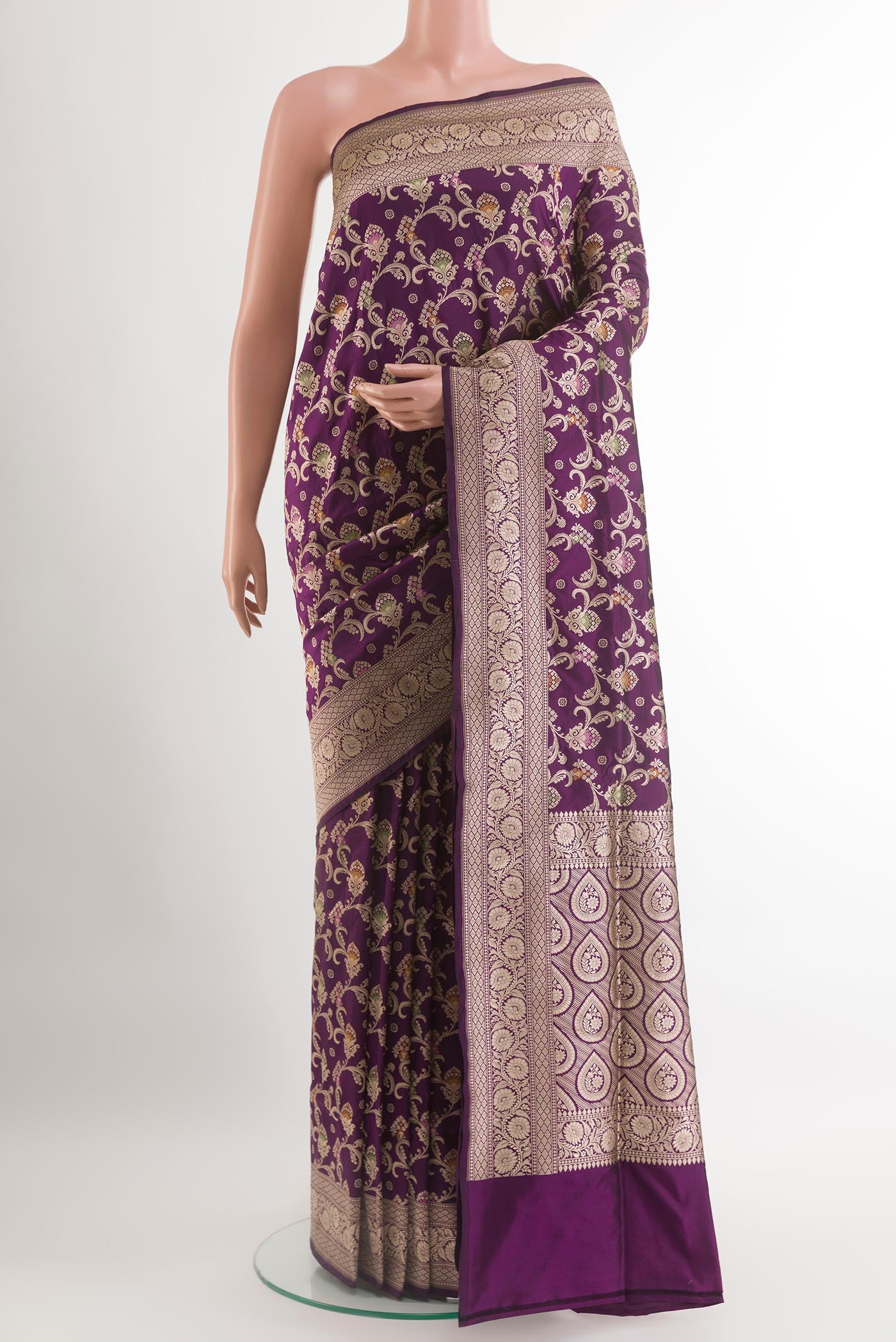 Purple Banarasi Silk Saree with Zari Brocade on the body and Zari Border.  displayed on a mannequin