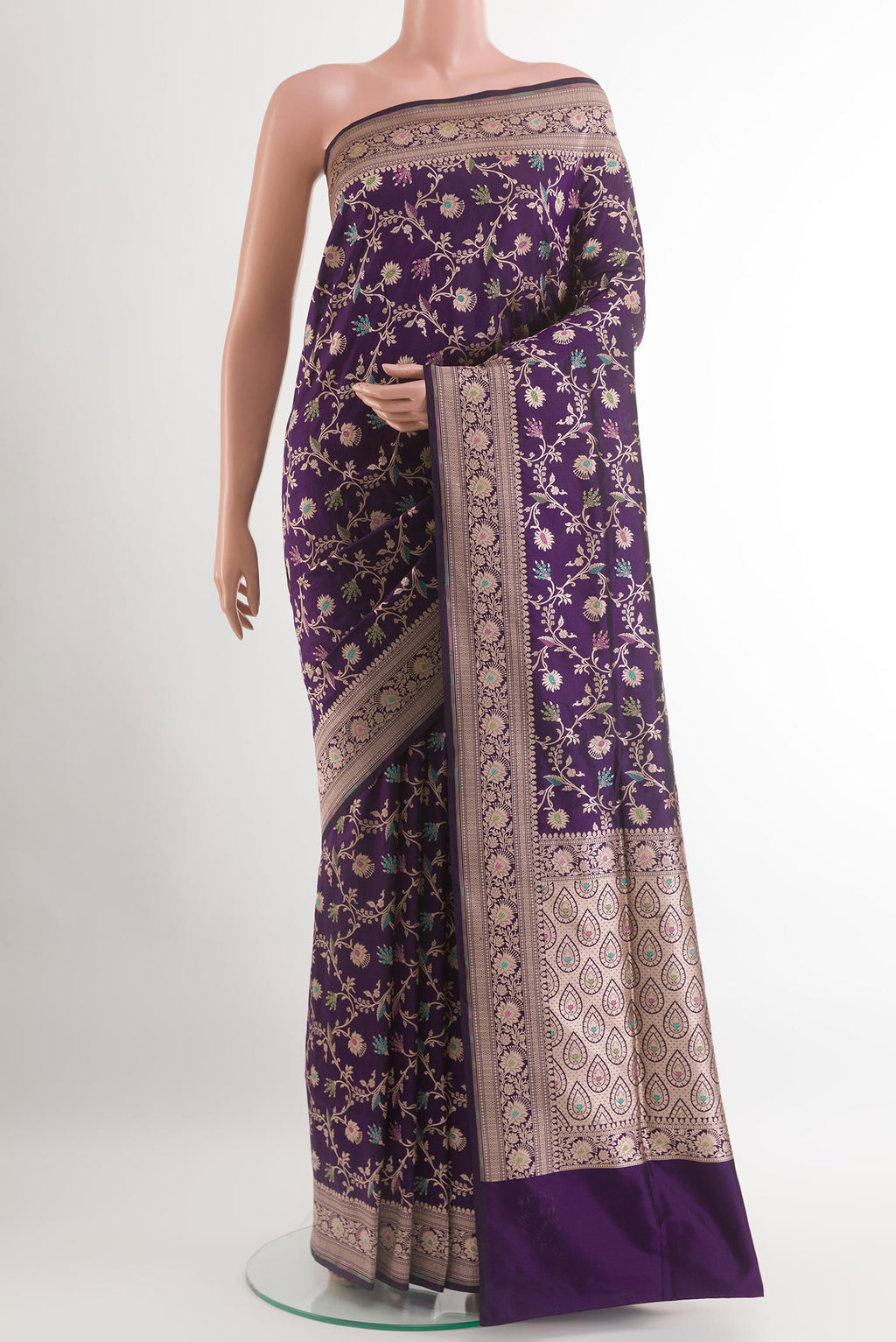 Purple Banarasi Silk Saree with Zari Brocade on the body and Zari Border.  displayed on a mannequin