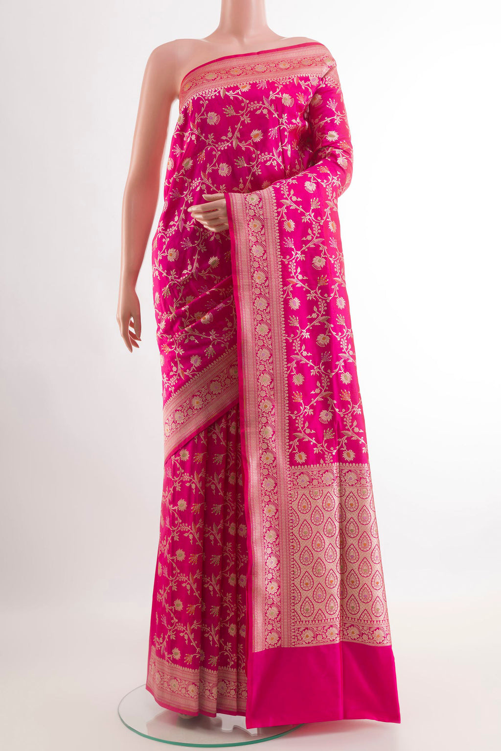 Pink Banarasi Silk Saree with Zari Brocade on the body and Zari Border.  displayed on a mannequin