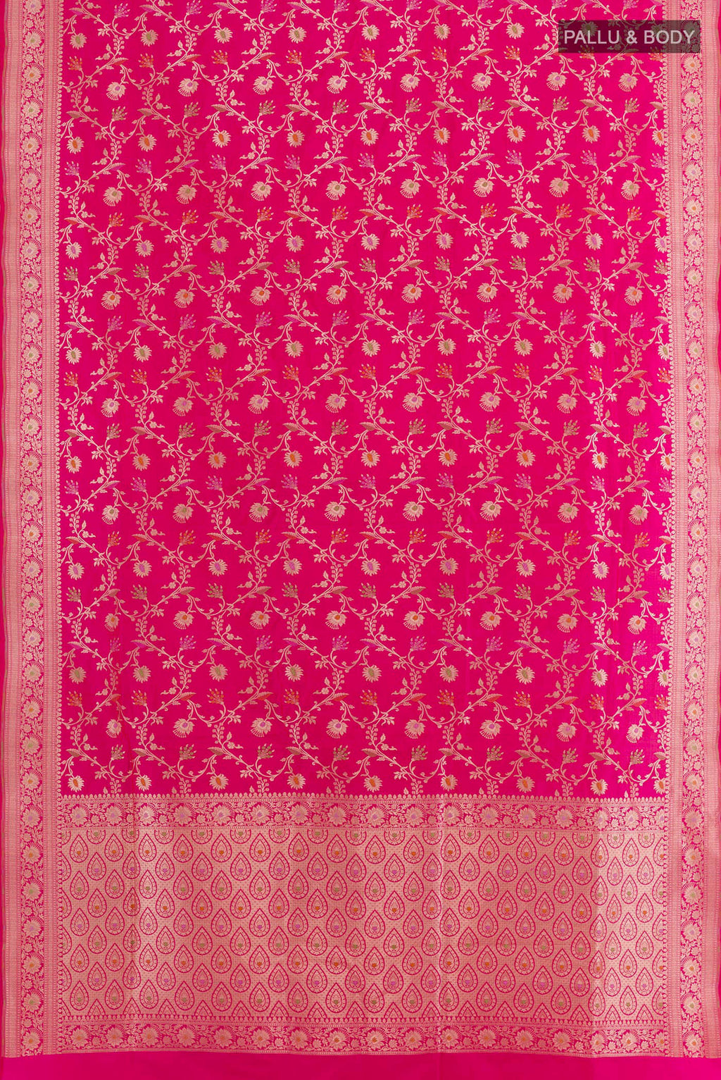 Flat view of Pink Banarasi Silk Saree with Zari Brocade on the body and Zari Border. 