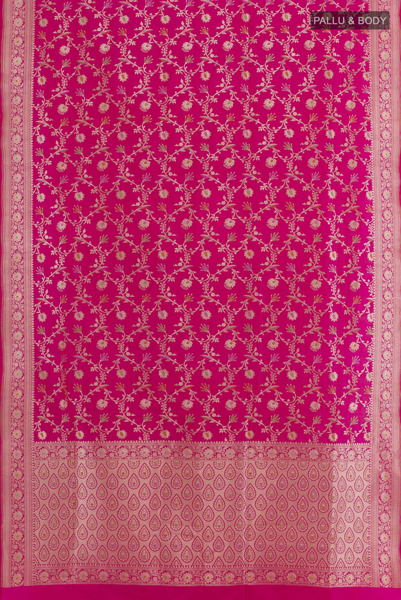 Flat view of Pink Banarasi Silk Saree with Zari Brocade on the body and Zari Border. 