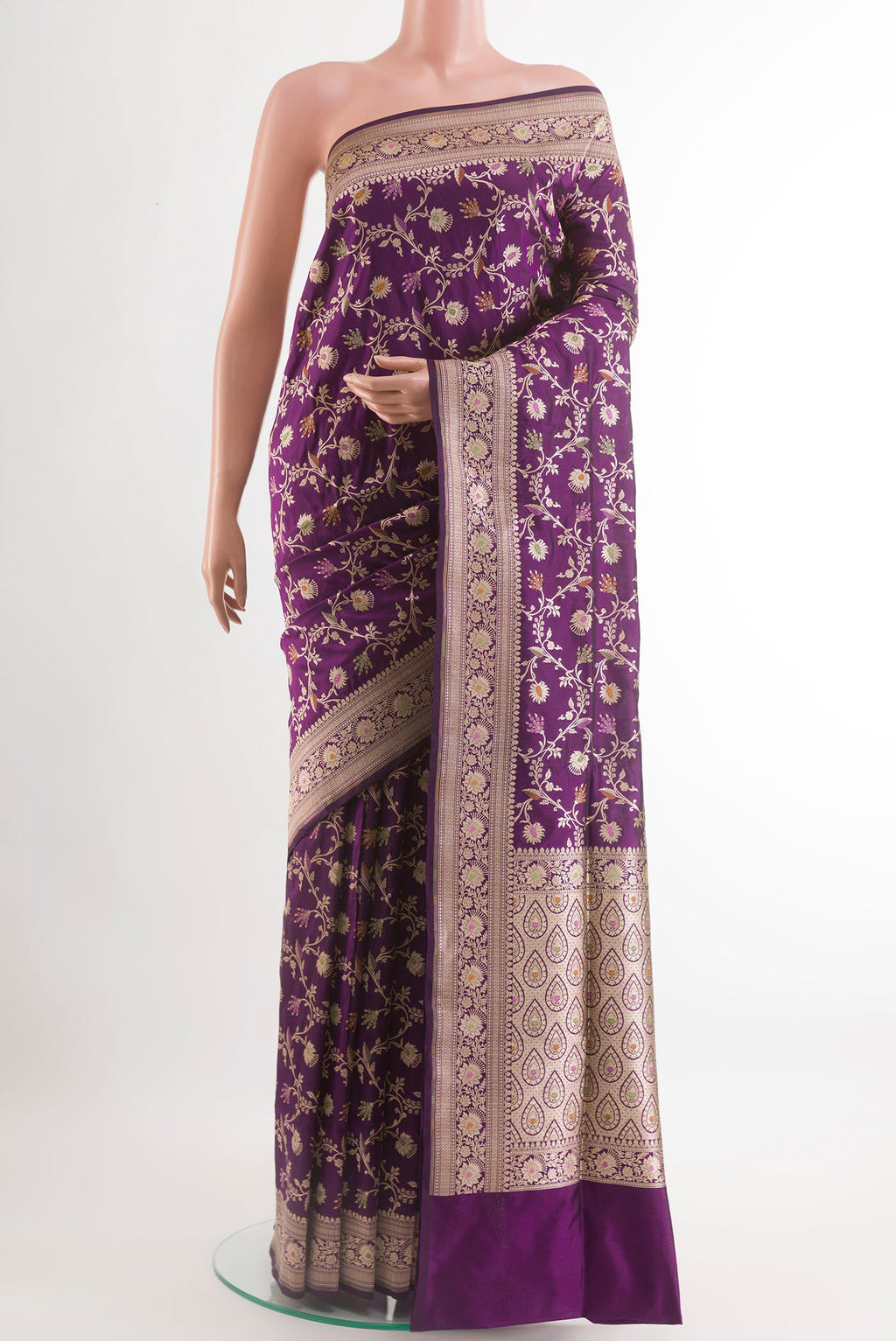 Purple Banarasi Silk Saree with Zari Brocade on the body and Zari Border.  displayed on a mannequin