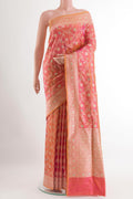 Peach Banarasi Silk Saree with Zari Brocade on the body and Zari Border.  displayed on a mannequin