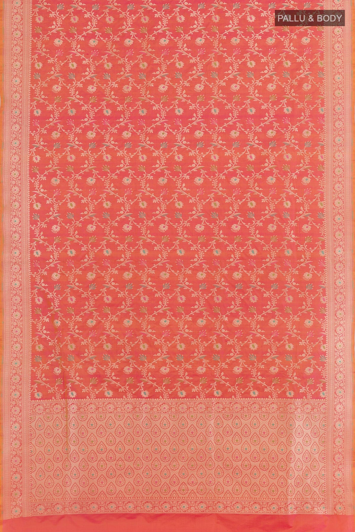 Flat view of Peach Banarasi Silk Saree with Zari Brocade on the body and Zari Border. 