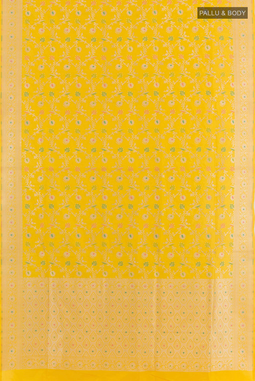 Flat view of Yellow Banarasi Silk Saree with Zari Brocade on the body and Zari Border. 