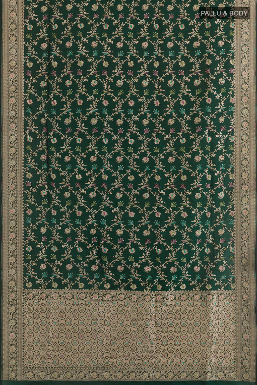 Flat view of Green Banarasi Silk Saree with Zari Brocade on the body and Zari Border. 