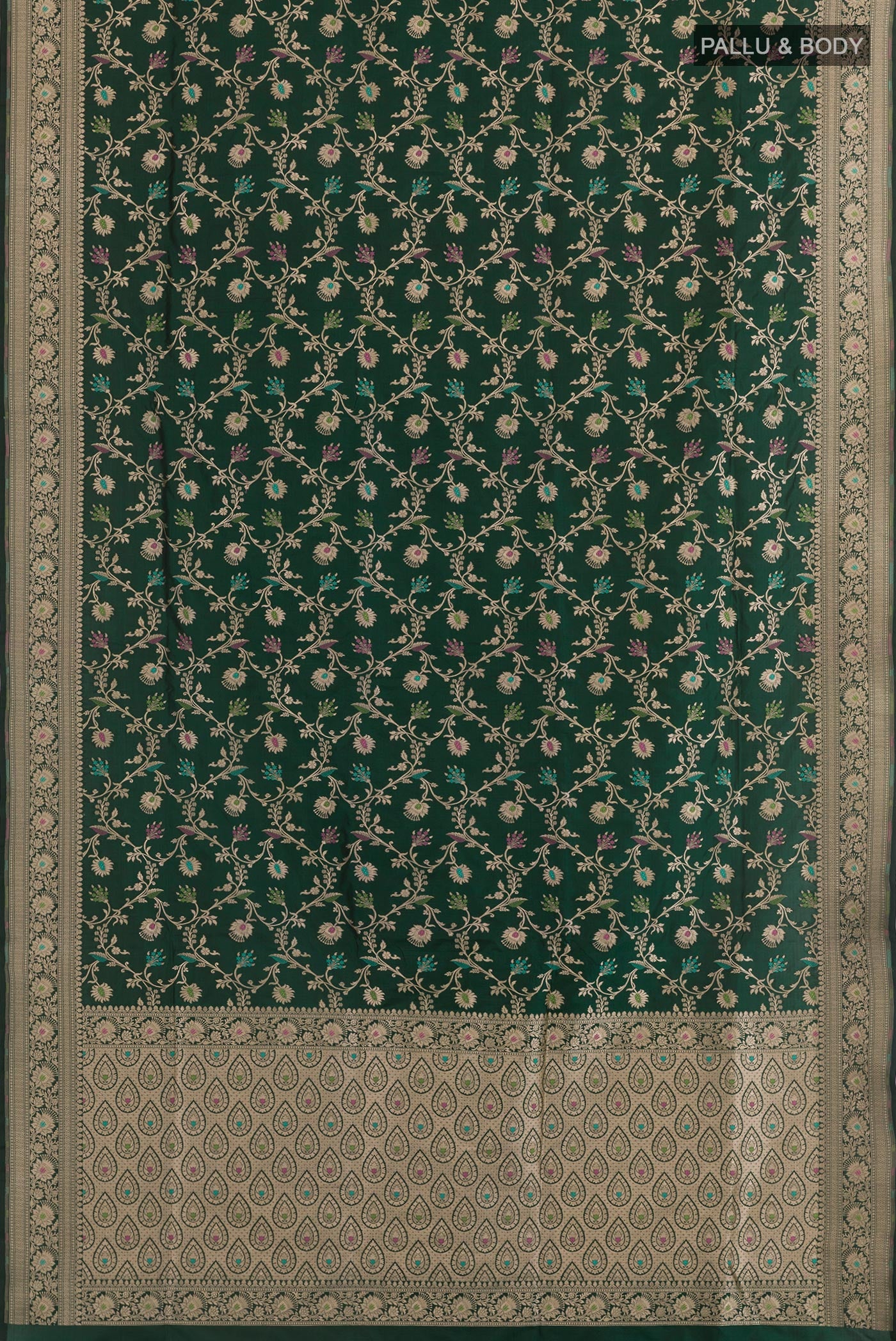 Flat view of Green Banarasi Silk Saree with Zari Brocade on the body and Zari Border. 