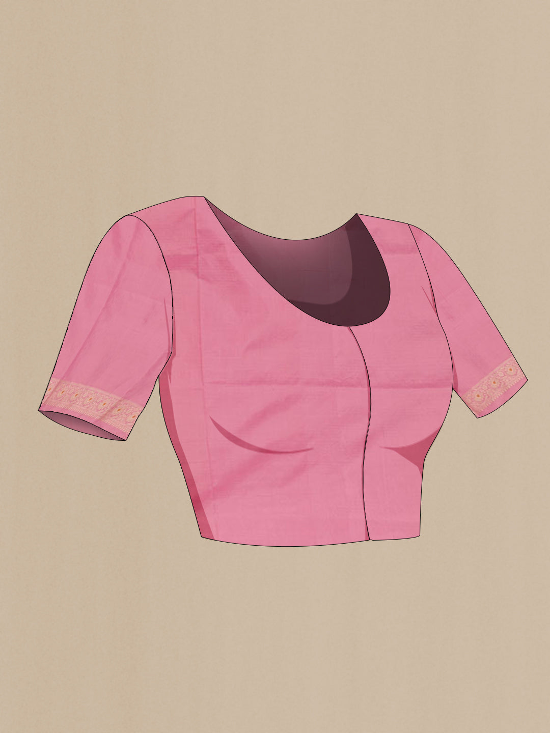 Close up image of the blouse of Pink Banarasi Silk Saree with Zari Brocade on the body and Zari Border. 