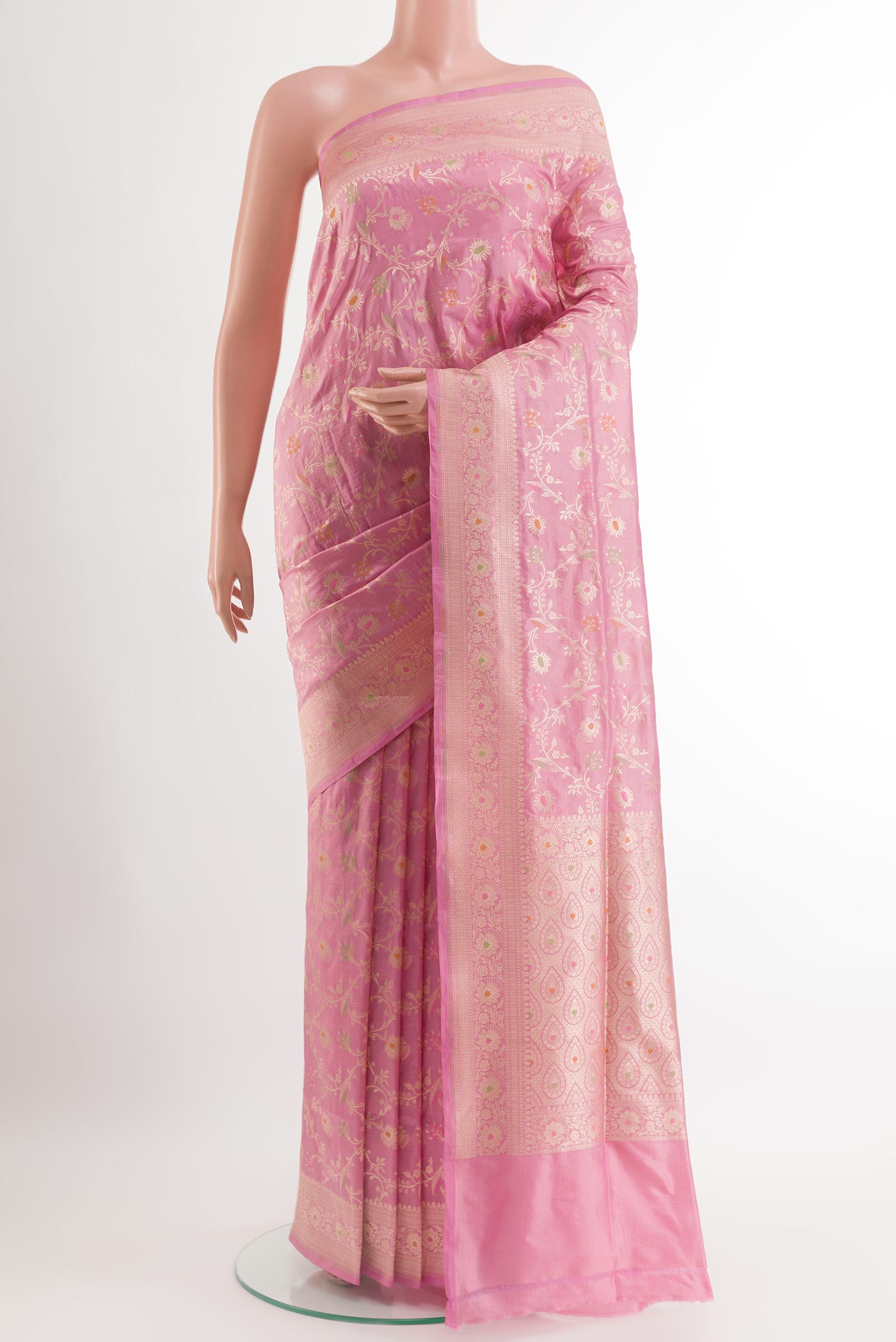 Pink Banarasi Silk Saree with Zari Brocade on the body and Zari Border.  displayed on a mannequin