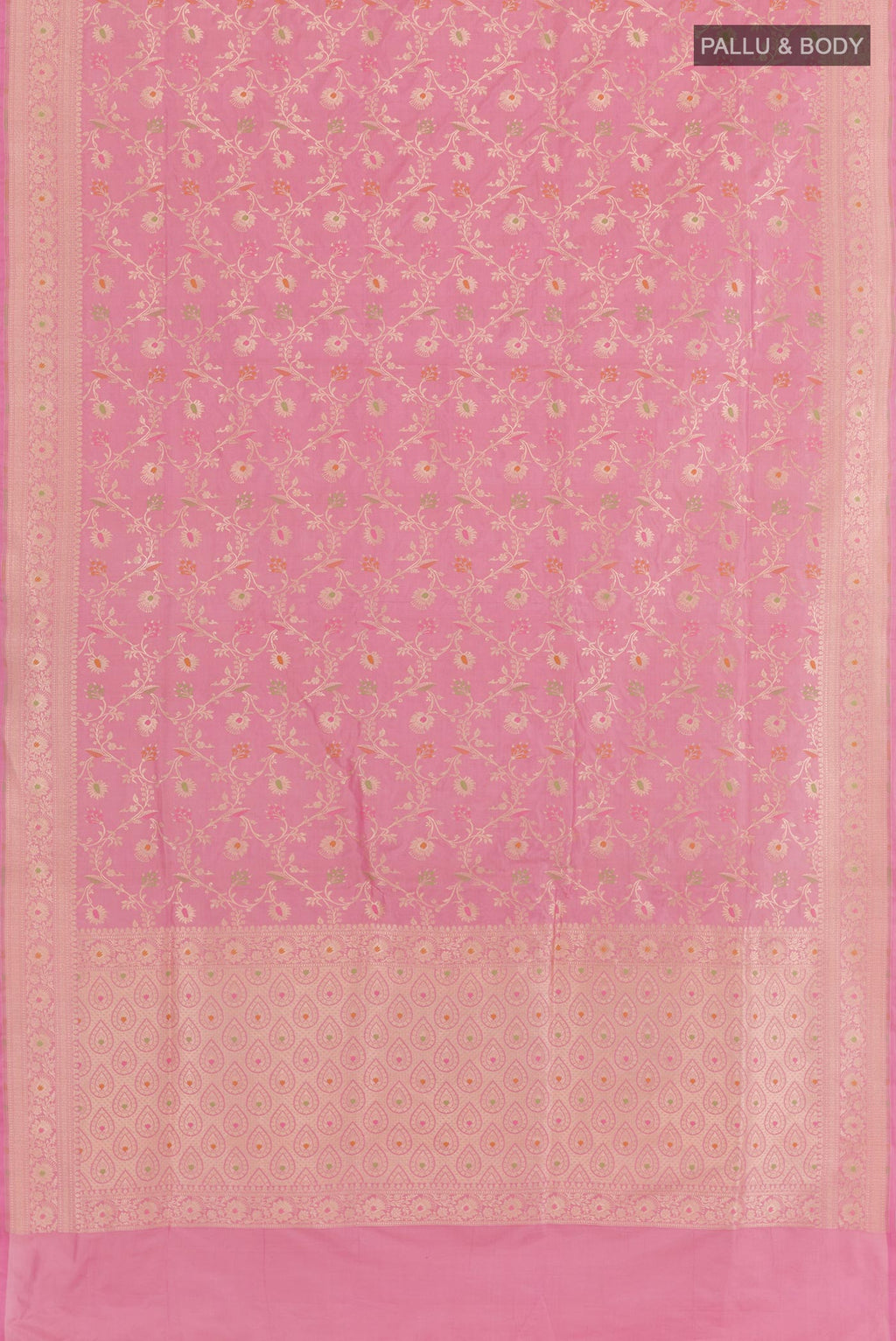 Flat view of Pink Banarasi Silk Saree with Zari Brocade on the body and Zari Border. 