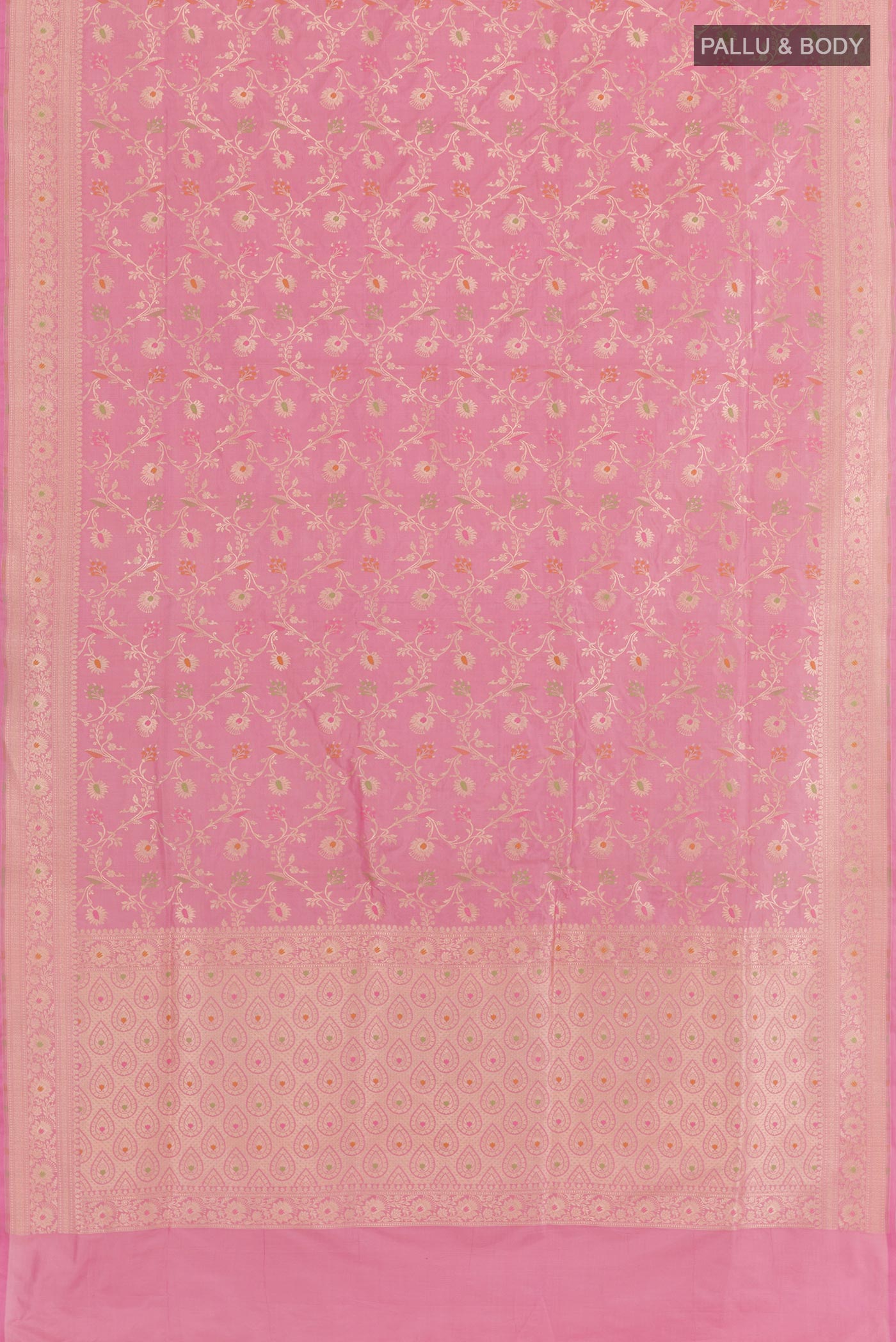 Flat view of Pink Banarasi Silk Saree with Zari Brocade on the body and Zari Border. 