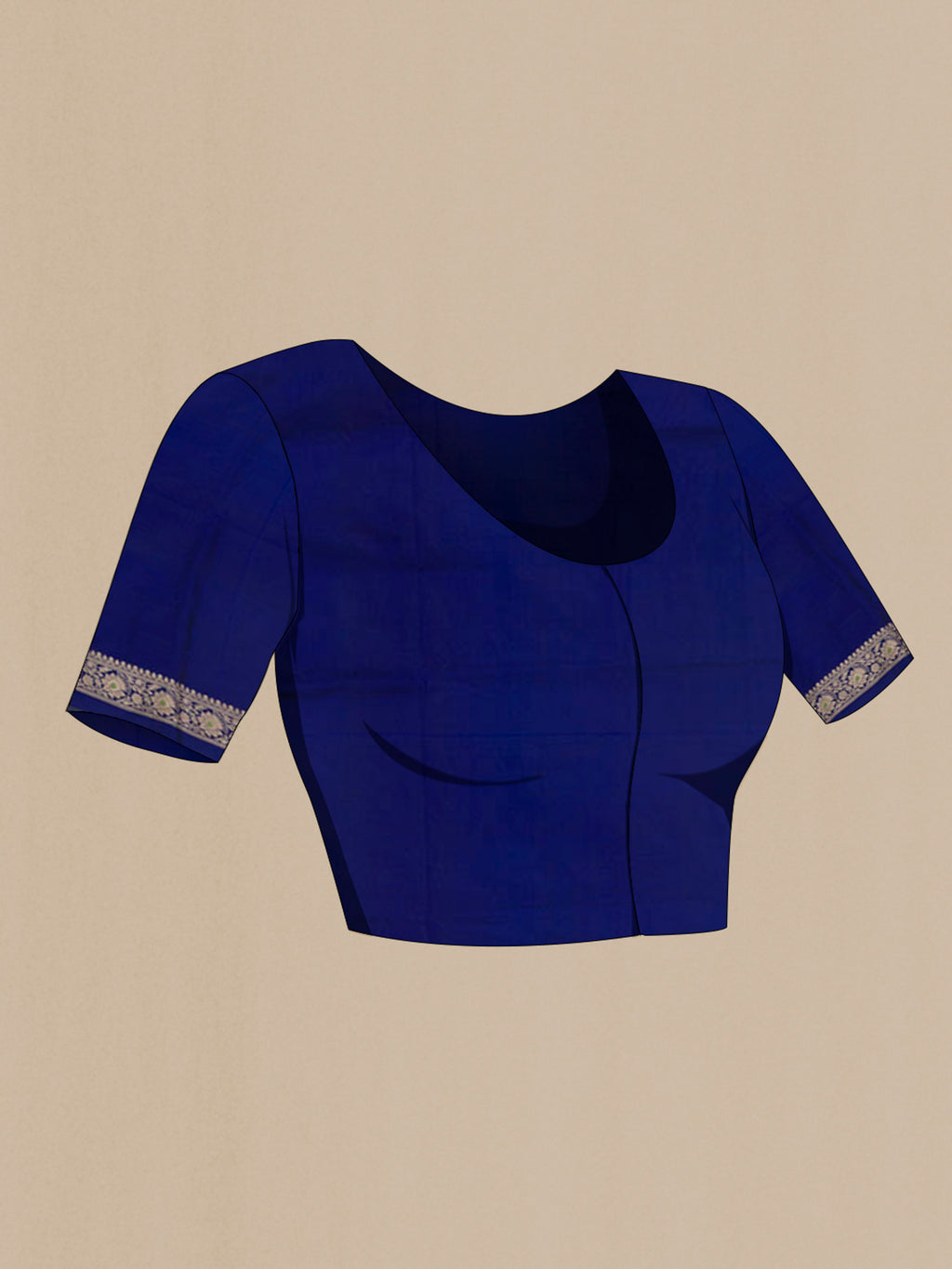 Close up image of the blouse of Blue Banarasi Silk Saree with Zari Brocade on the body and Zari Border. 